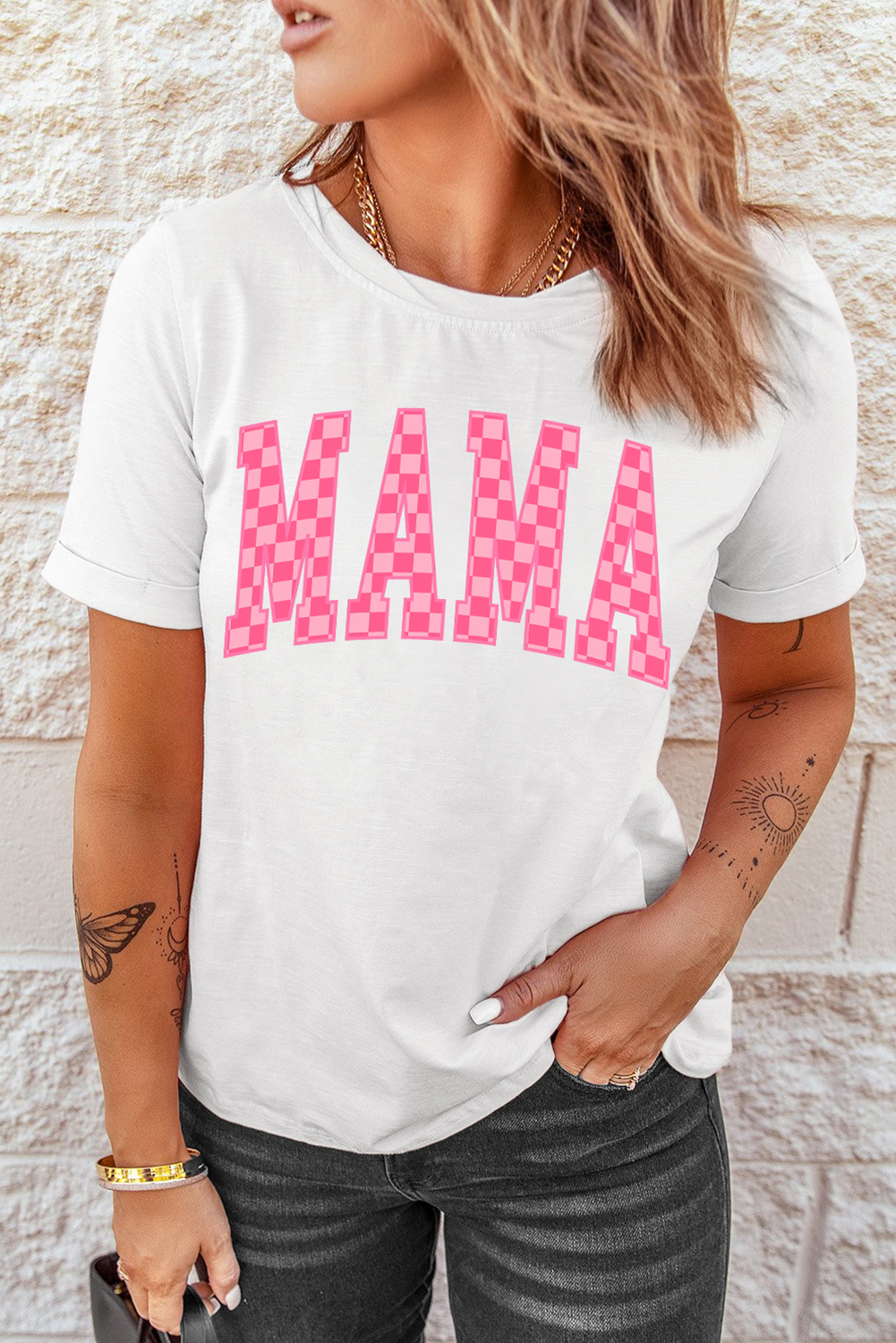 White Checkered MAMA Letter Heat Transfer Printing Graphic T Shirt Graphic Tees e58272c987ad839f