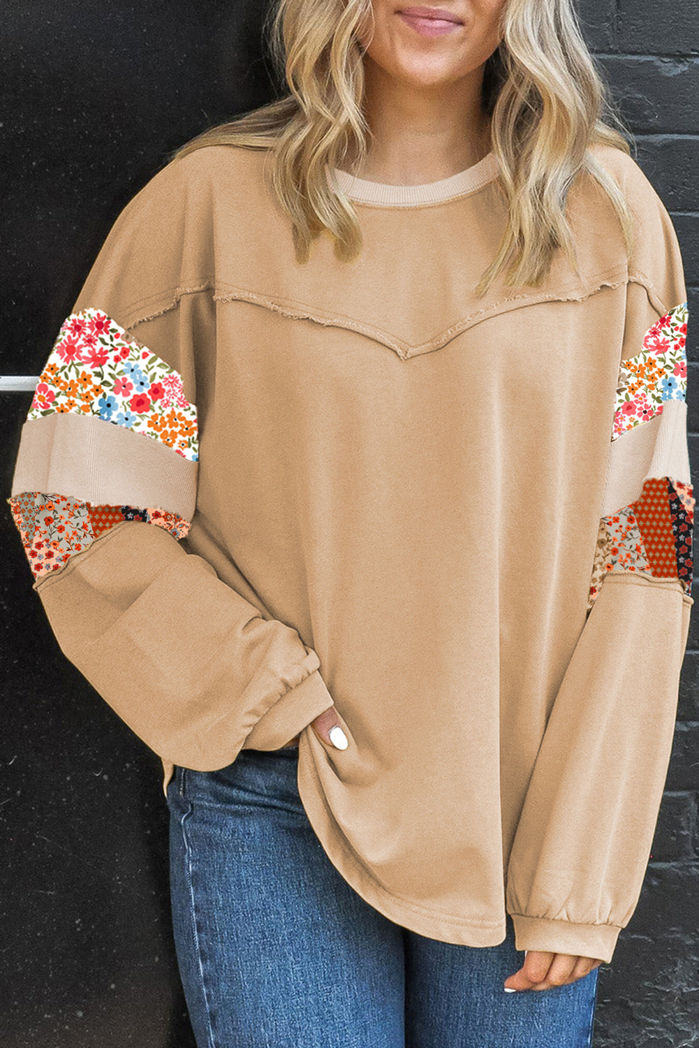 Khaki Exposed Seam Floral Mixed Patchwork Plus Size Top Plus Size Tops e5dd75eb77932c7d