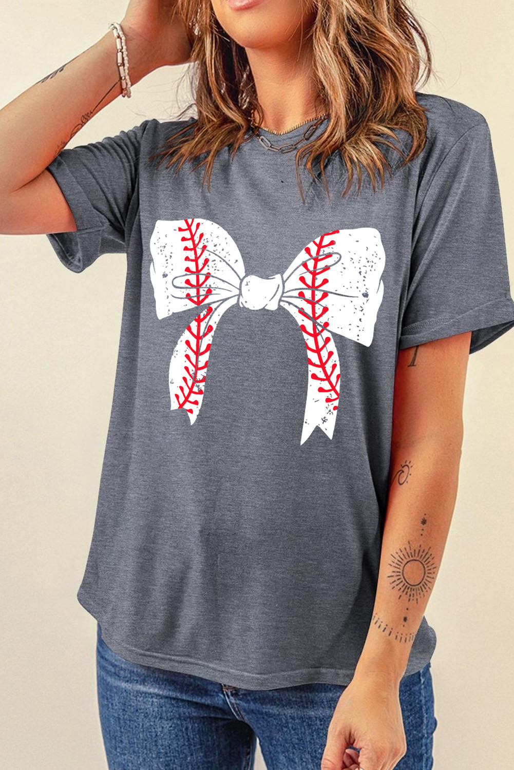 Gray Casual Baseball Bowknot Graphic Roll Up Sleeve Tee Graphic Tees e617cc397d0edb84