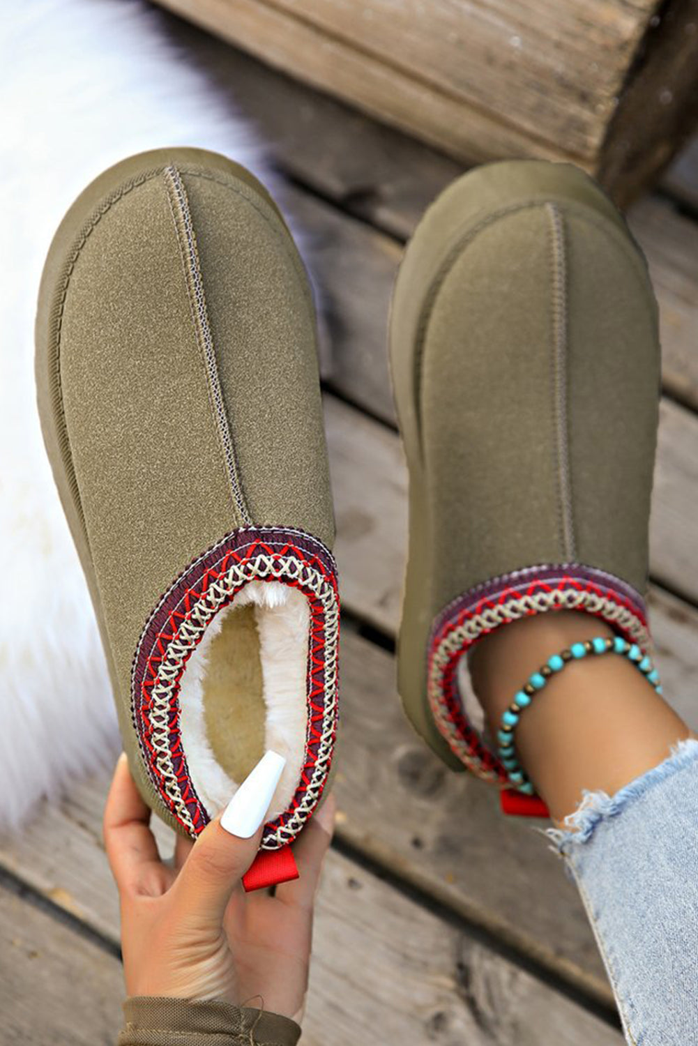Chestnut Suede Contrast Print Round Toe Plush Lined Flats Slides Shoes + Flip Flops e621e069868d8044