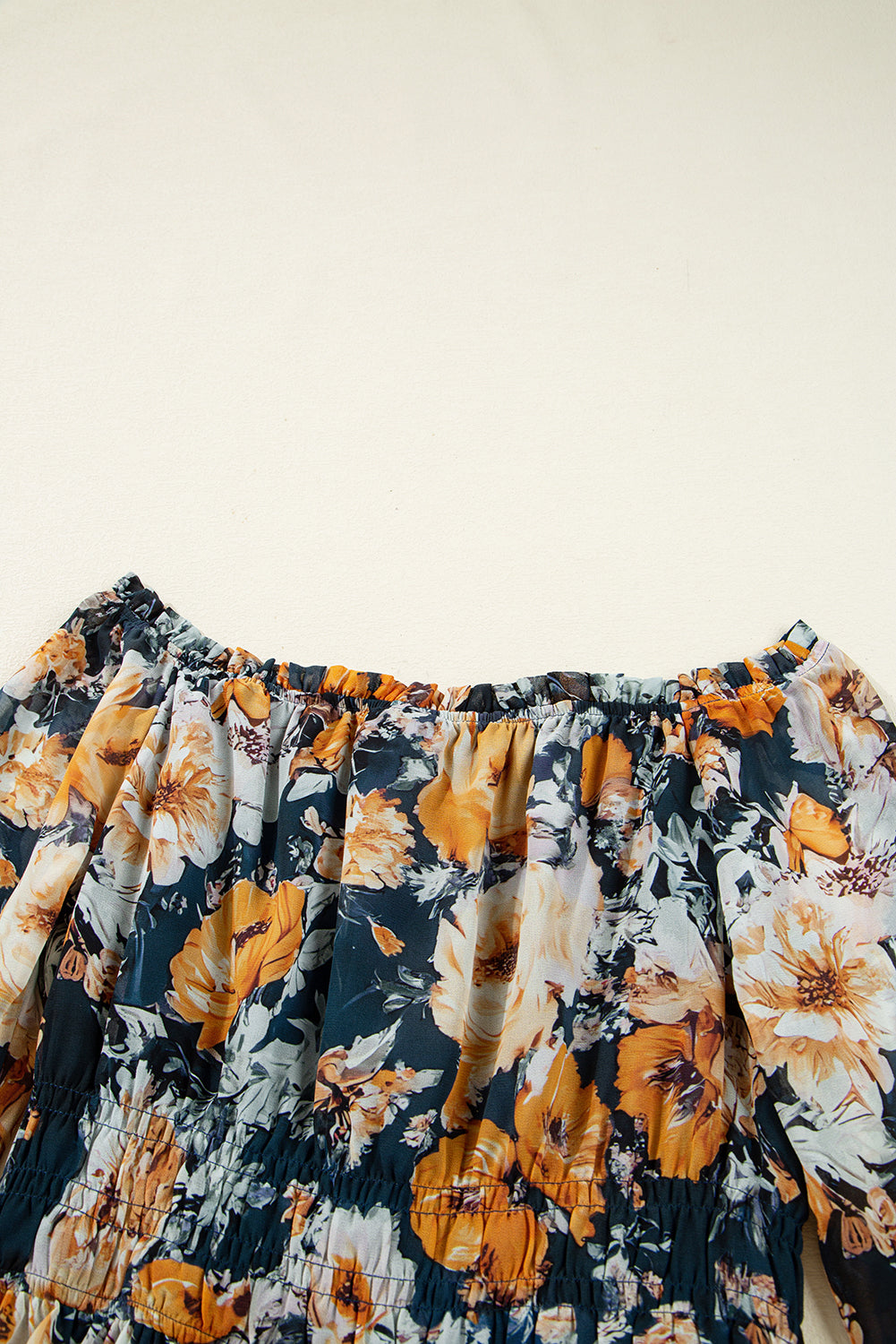 Blue Floral Off Shoulder Bell Sleeve Smocked Peplum Top Blouses e6616c08169402f9