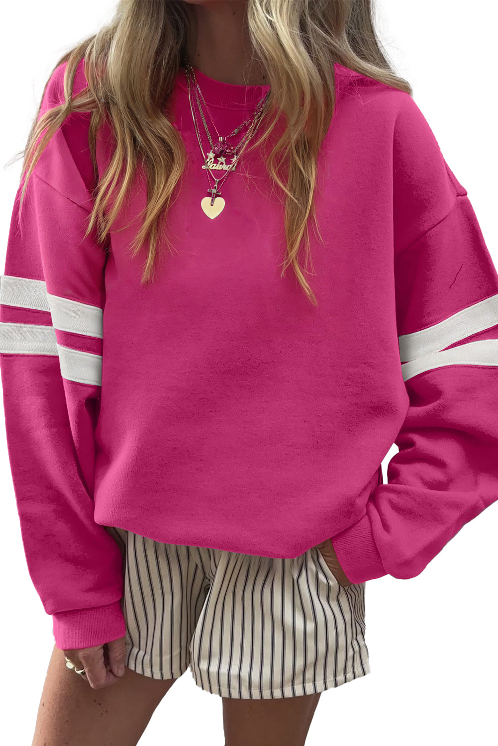 White Preppy Striped Sleeve Loose Sweatshirt Sweatshirts & Hoodies e67e5d4a1d9dfc14
