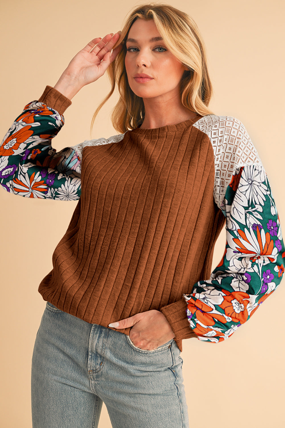 Laurel Green Floral Patchwork Raglan Sleeve Ribbed Blouse Long Sleeve Tops e713ee898f3354d4