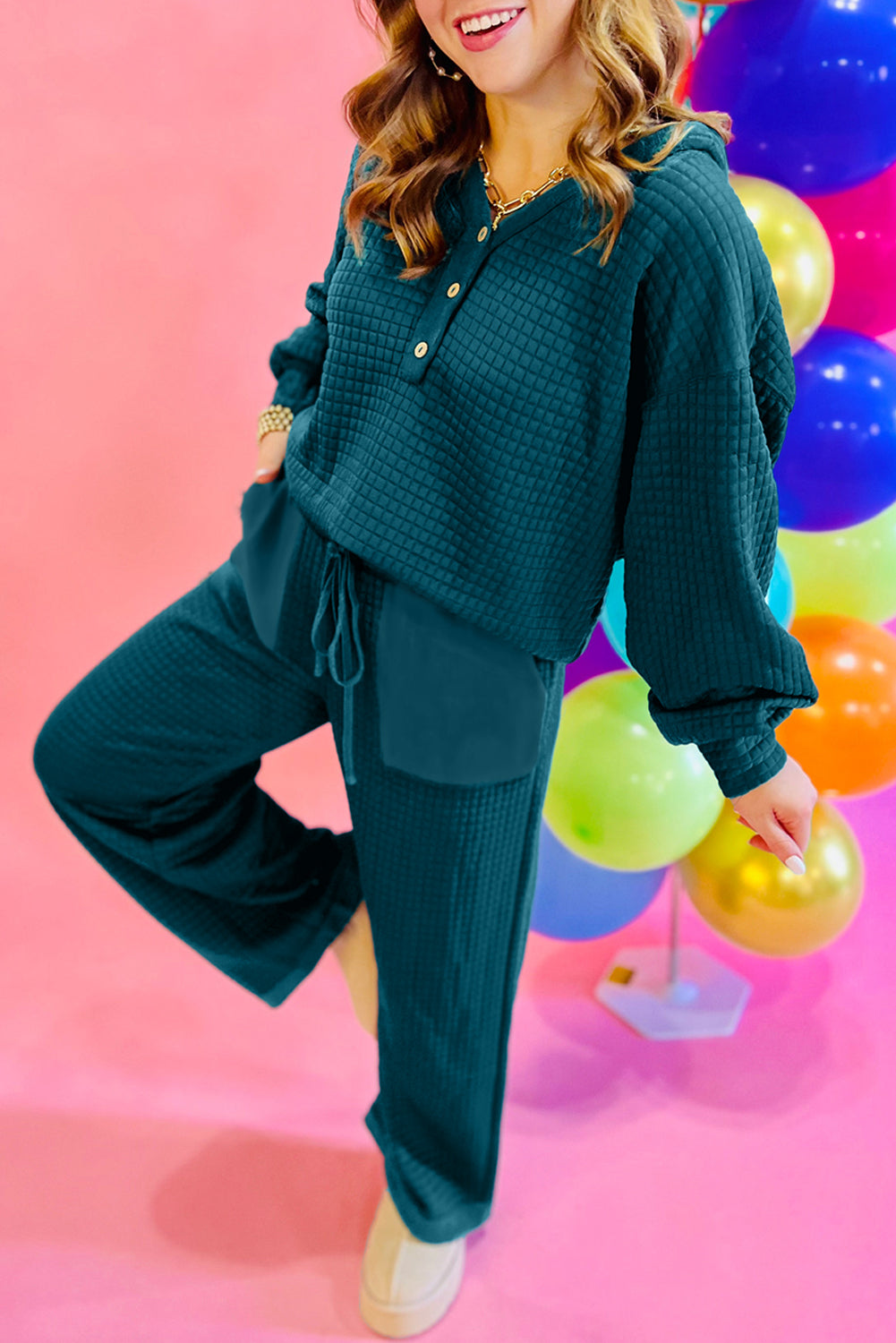 Skobeloff Checkered Texture Hooded Top and Loose Pants Set Two Piece Pants Sets e72ee52d0e31d82b