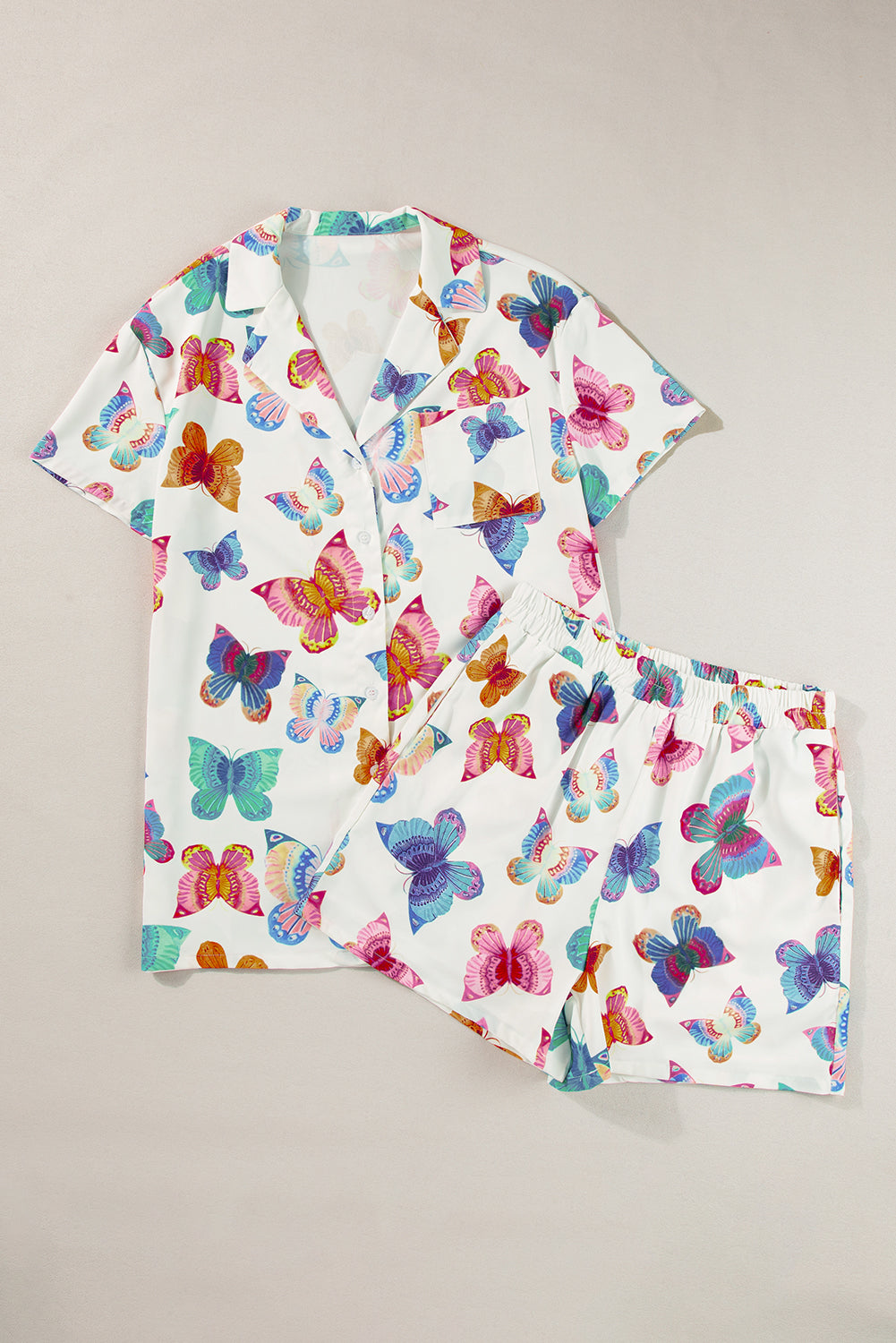 Multicolour Butterfly Print Button-up Shirt & Shorts Pajama Set Two Piece Shorts Sets e745c3e7a0c0a125