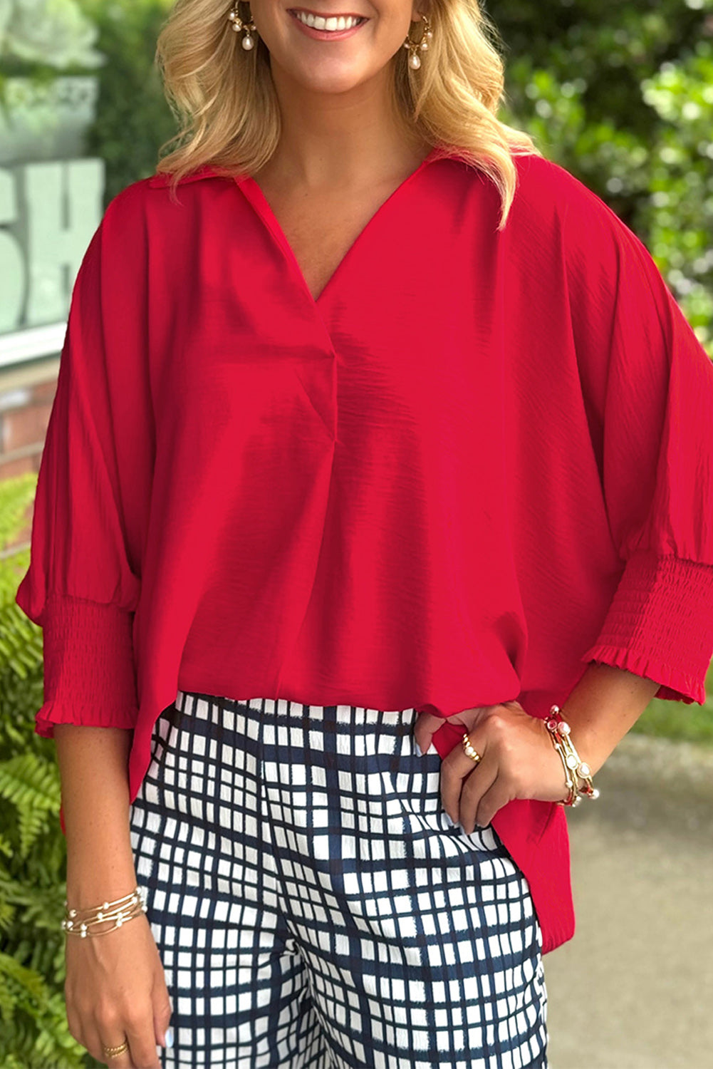 Fiery Red Solid Color Collared Loose Tunic Top Blouses e7506515207b2ce8