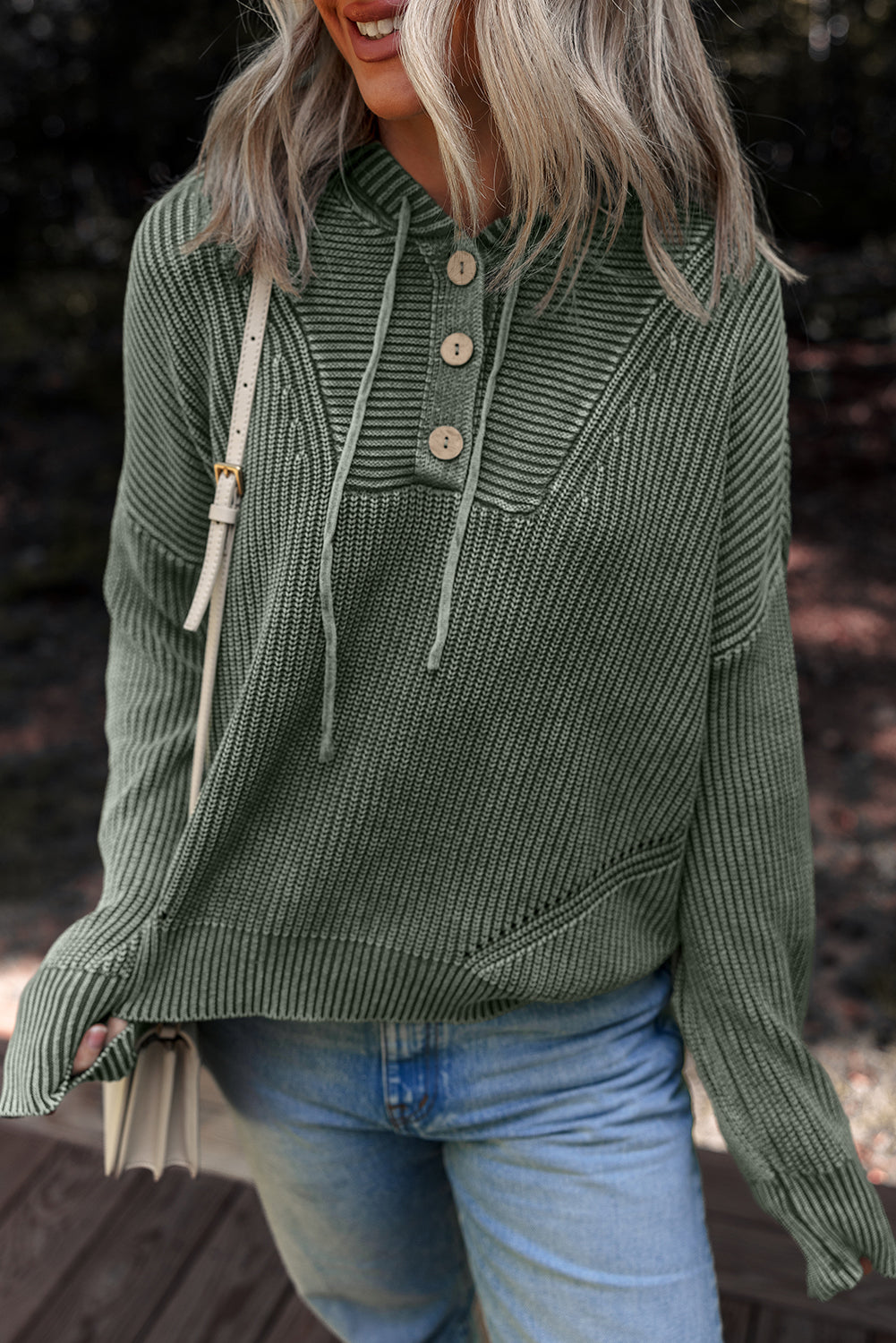 Mist Green Mineral Wash Ribbed Knit Drawstring Hooded Sweater Sweaters e76abef5f8900dc1