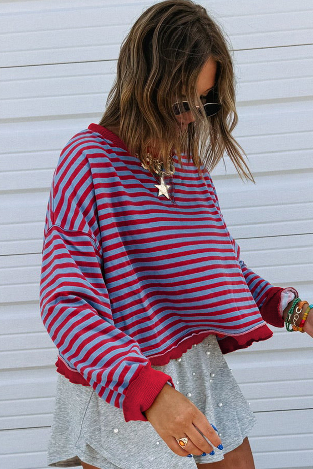Red Stripe Exposed Seam Contrast Ribbed Trim Oversize Sweatshirt Sweatshirts & Hoodies e78830c49cd03a19