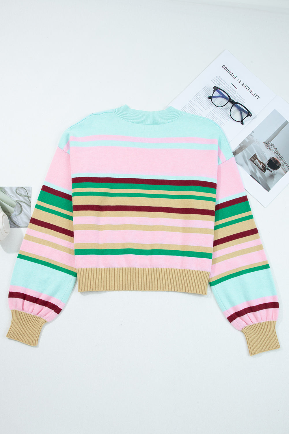 Multicolour Striped Knit Ribbed Trim Boxy Fit Cropped Sweater Sweaters e79bab270f3bd15b