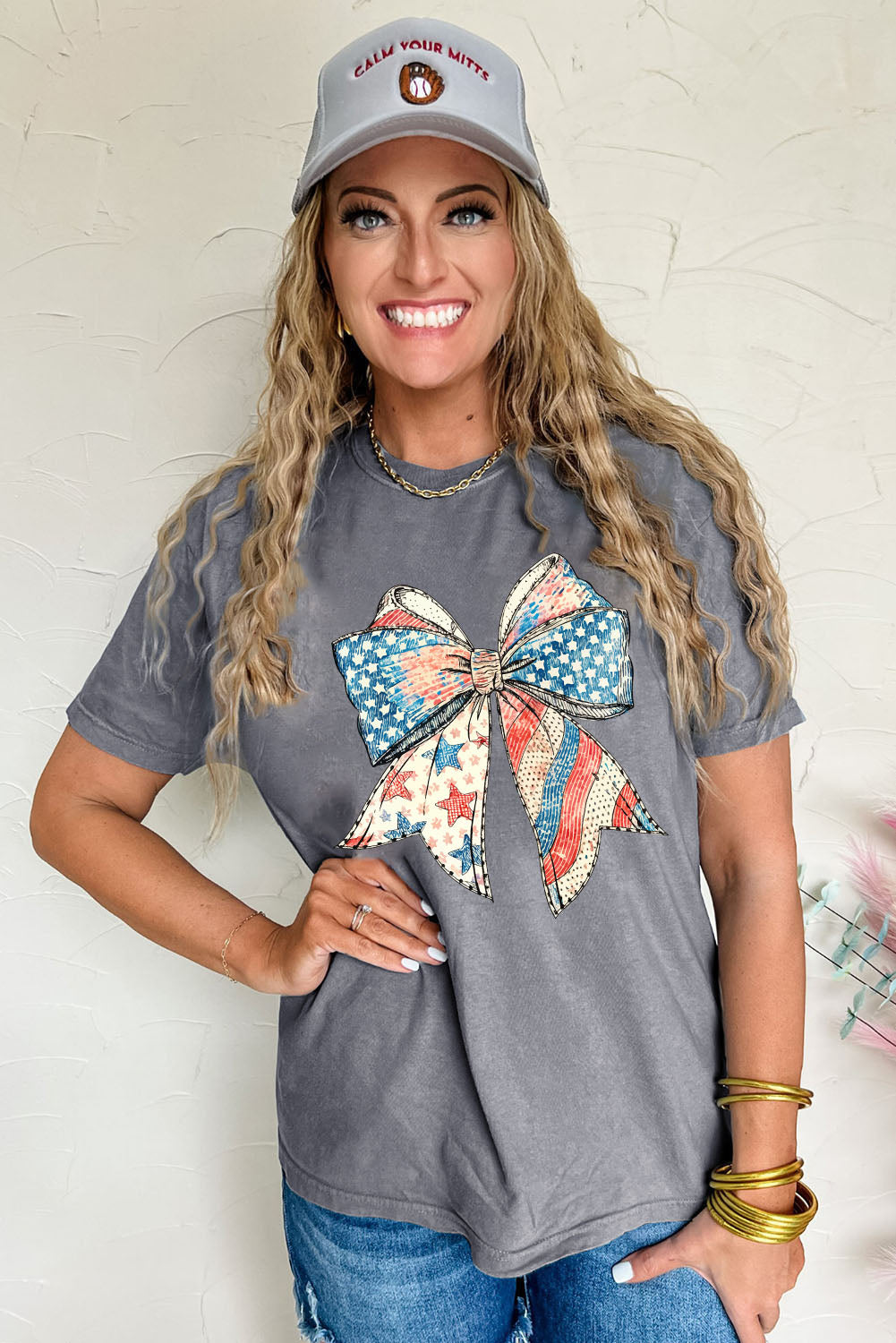 Gray USA Flag Bow Heat Transfer Printing Round Neck Loose T Shirt Graphic Tees e7ff070267b81347