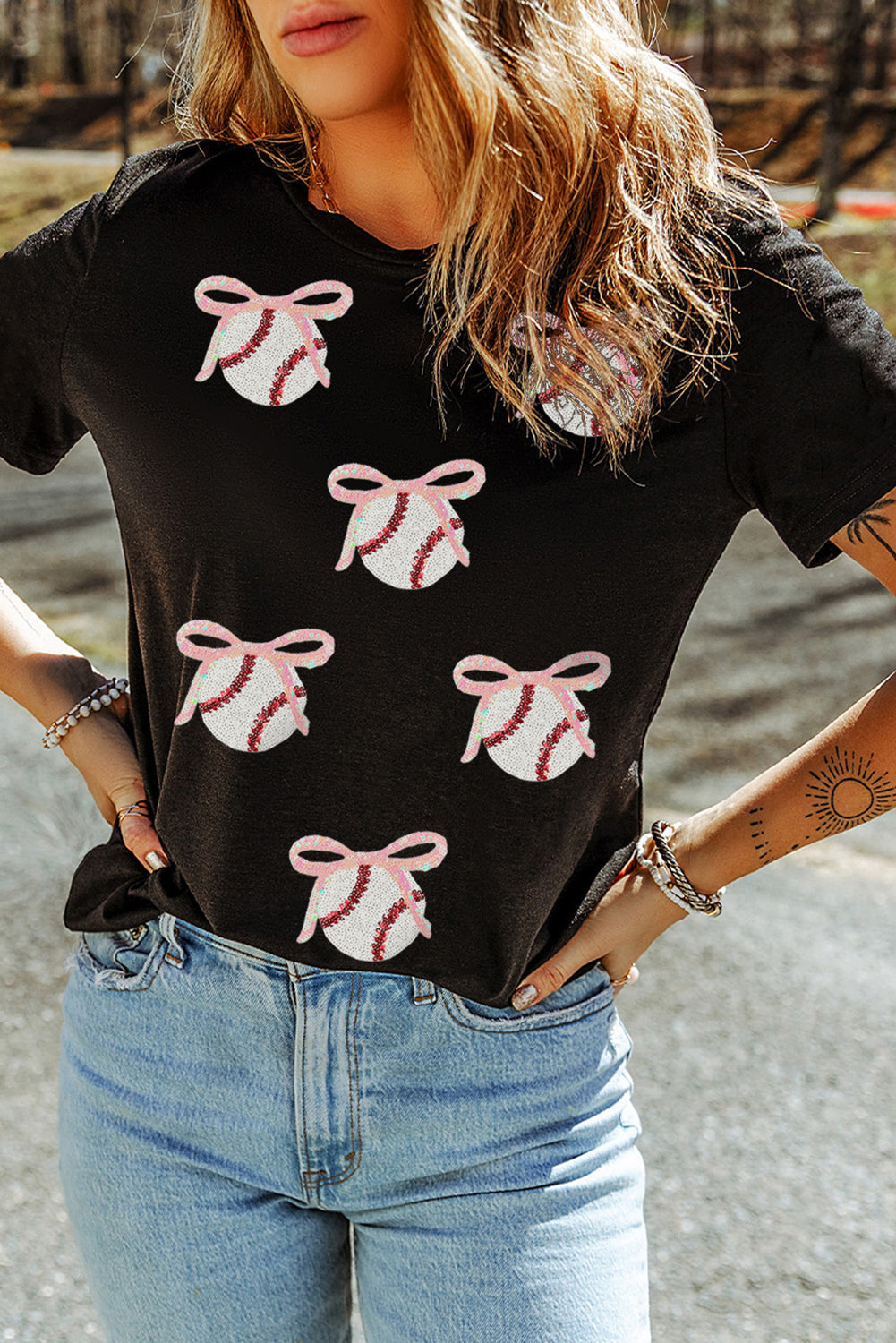 Black Shimmering Bow Ball Patterned Sequins Patch Game Day Casual Tee Graphic Tees e811b2c89640644d