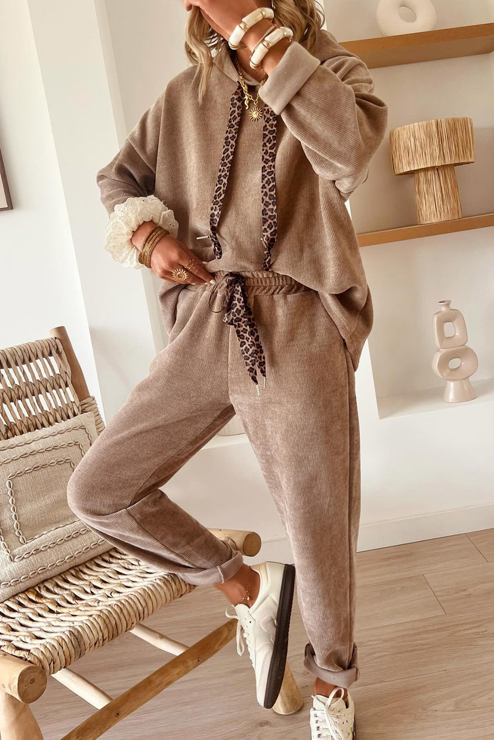 Dark Khaki Drawstring Pullover Hoodie and High Waist Pants Corduroy Suit Two Piece Pants Sets e8f5f18f0a1bc6b9