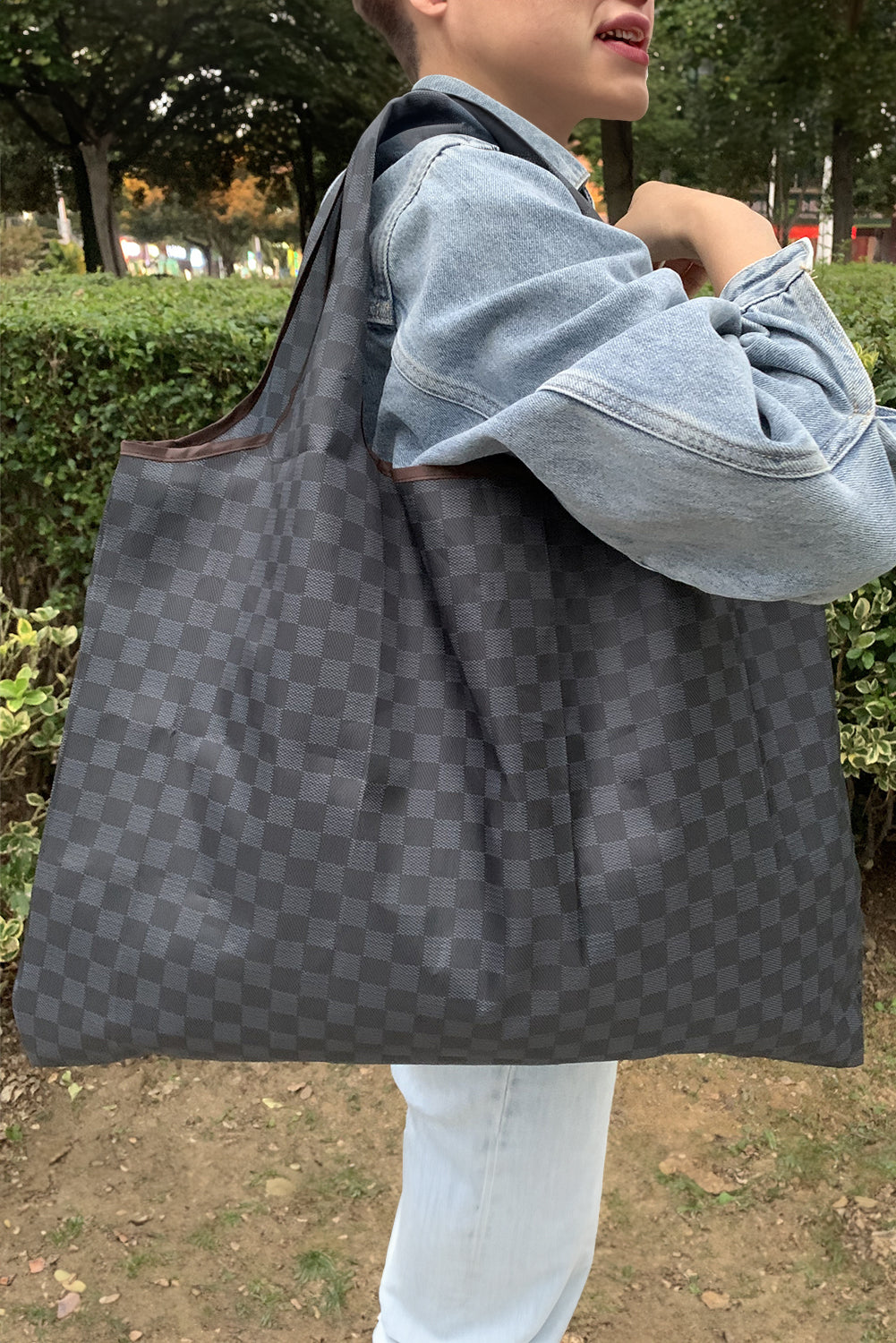 Black Checkered Print Large Foldable Tote Bag Tote Bags e92433546762a470