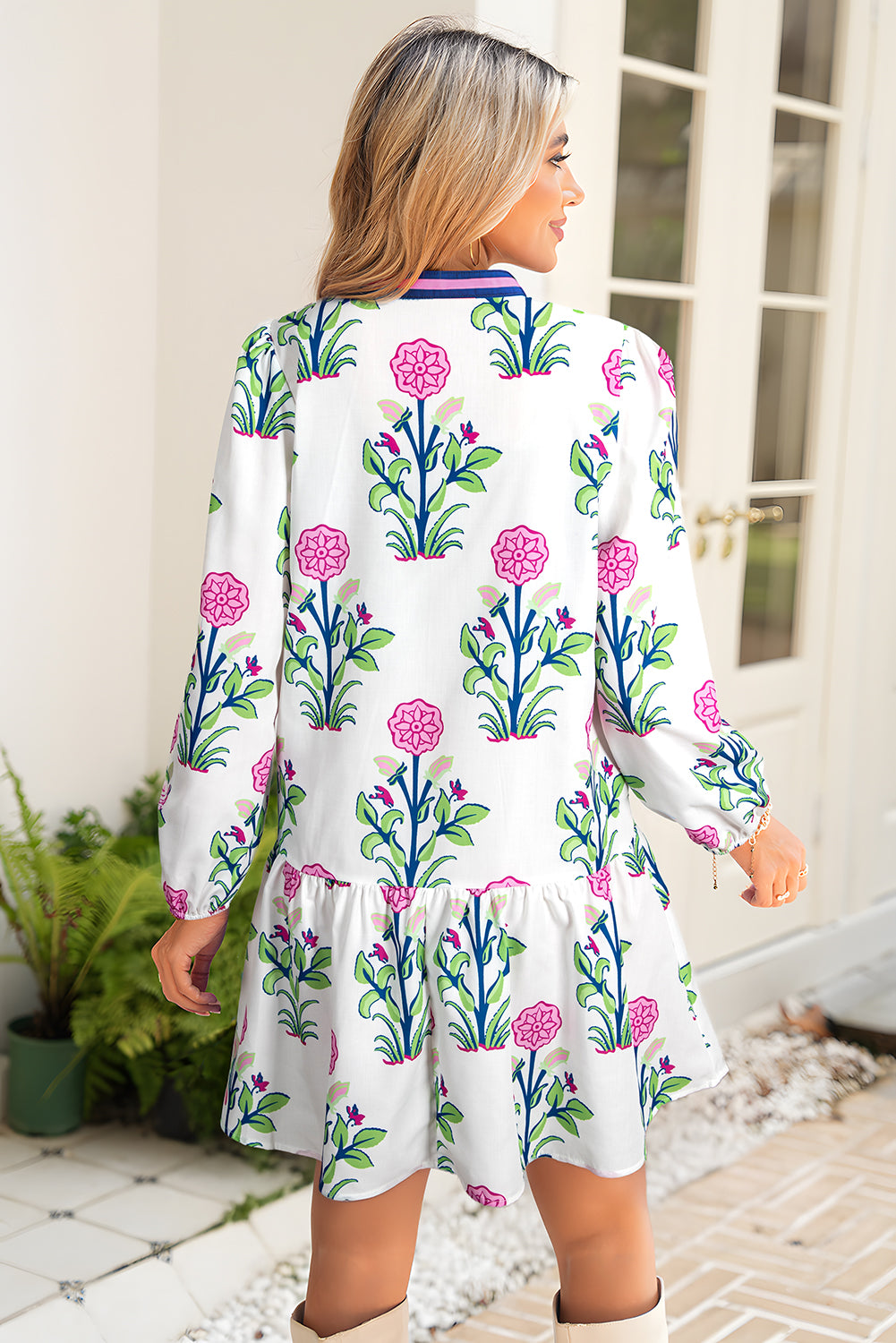 Sky Blue Floral Print Pop of Color V Neck Mini Dress Short Dresses e9855f00fef69f94