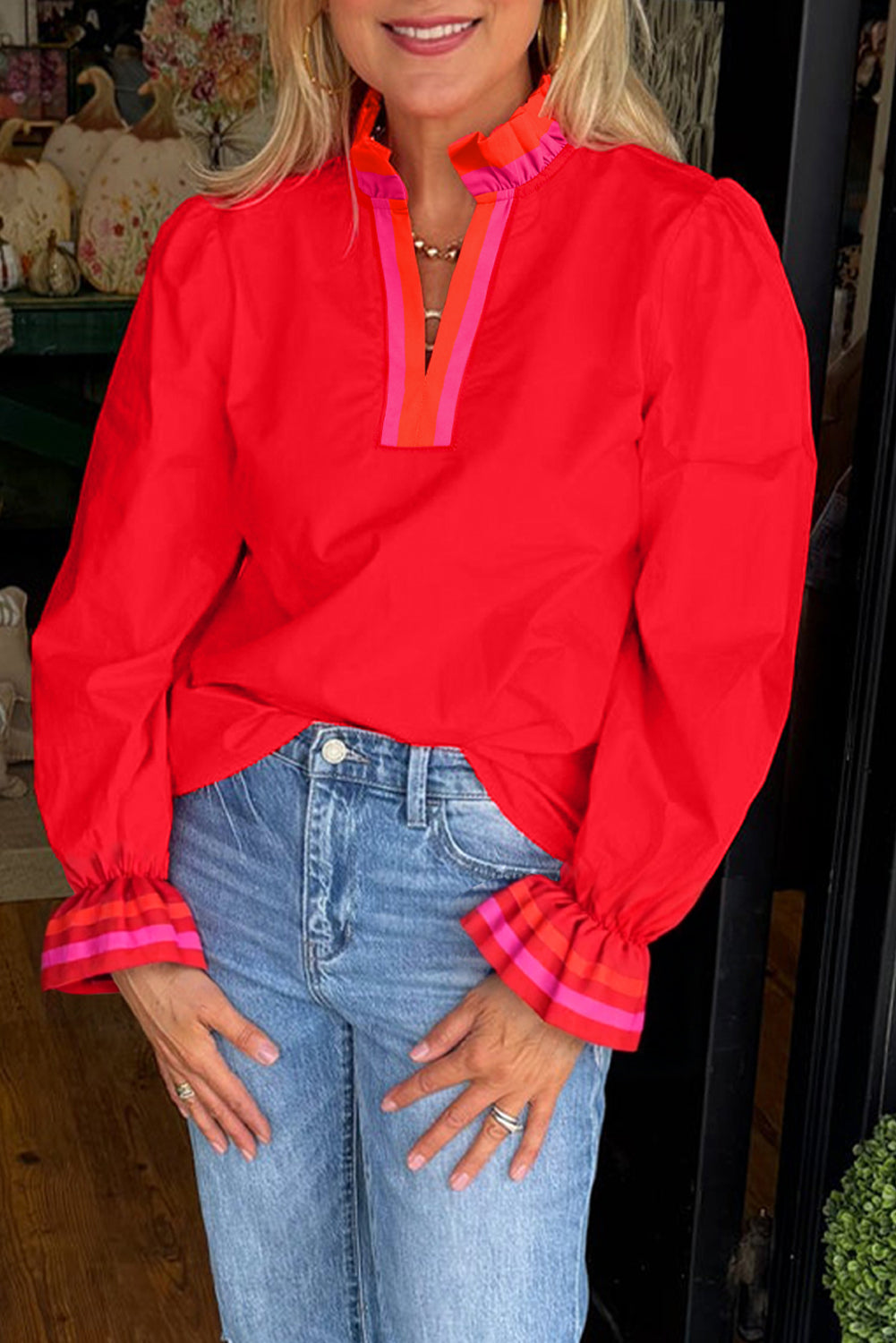 Fiery Red Striped Trim Ruffle Split Neck Long Sleeve Blouse Blouses e9d8ba62ff2569f6