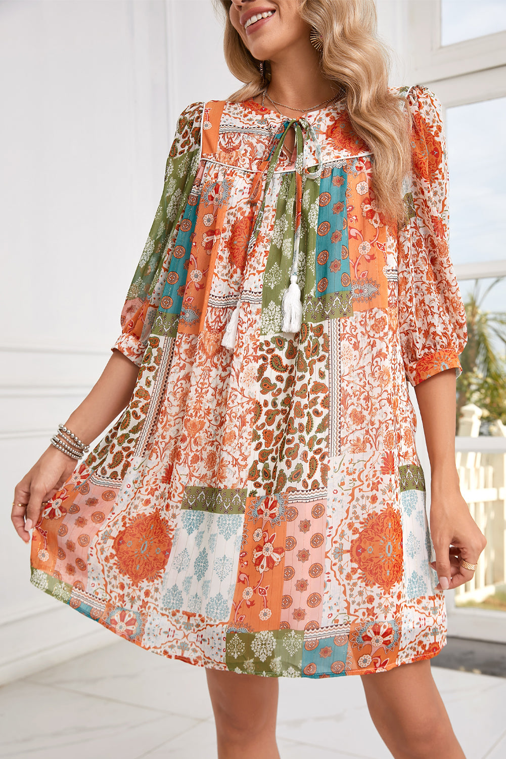 Orange Boho Paisley Mixed Print 3/4 Sleeve Chiffon Loose Dress Short Dresses e9ef54b219ec2c3f