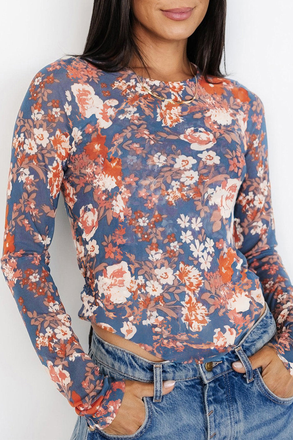 Orchid Petal Allover Floral Print Mesh Long Sleeve Top Long Sleeve Tops ea39ff6fc772c41c