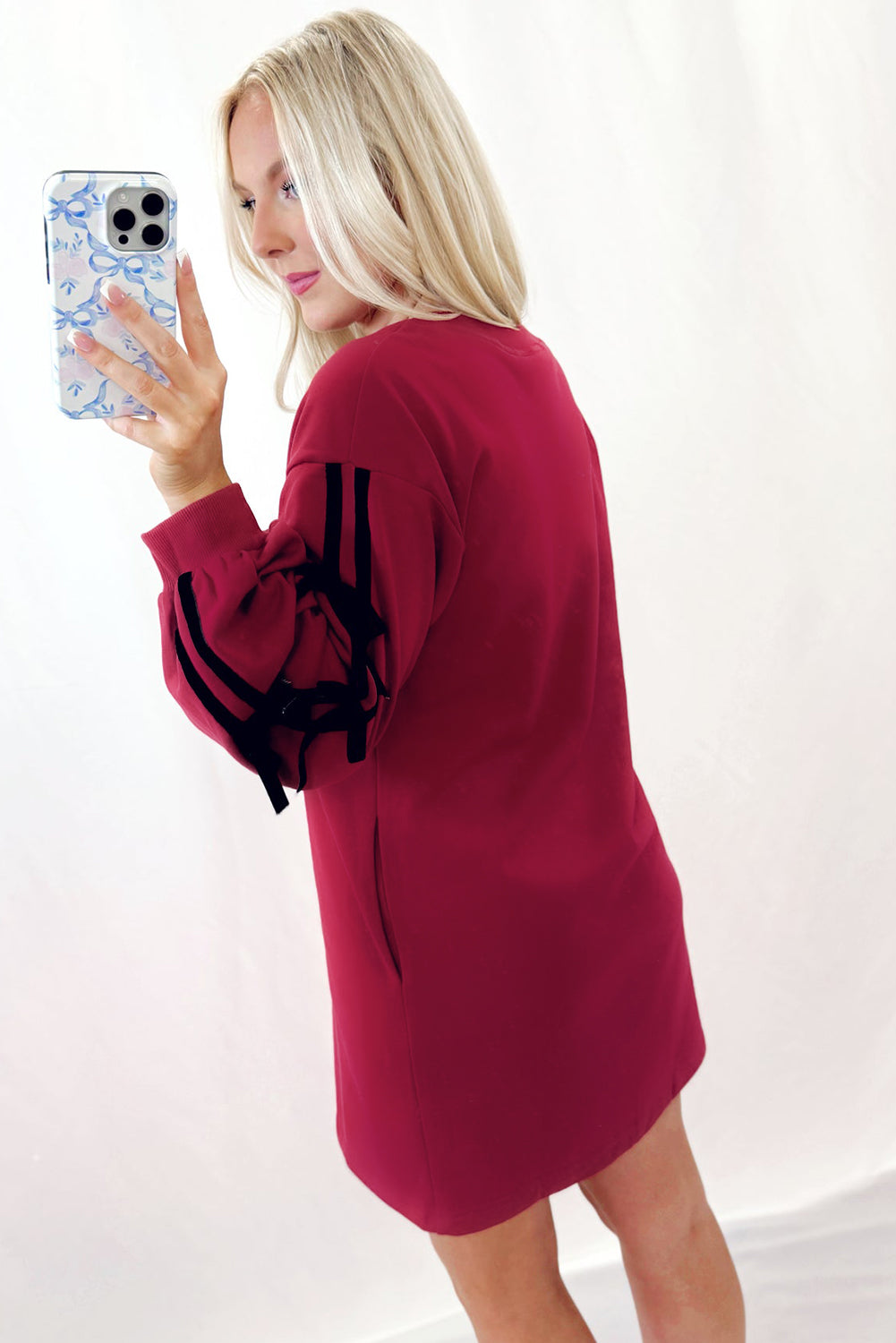 Racing Red Contrast Striped Bow Detail Drop Shoulder Sweatshirt Dress with Pockets Mini Dresses ea4d99d1411632a1