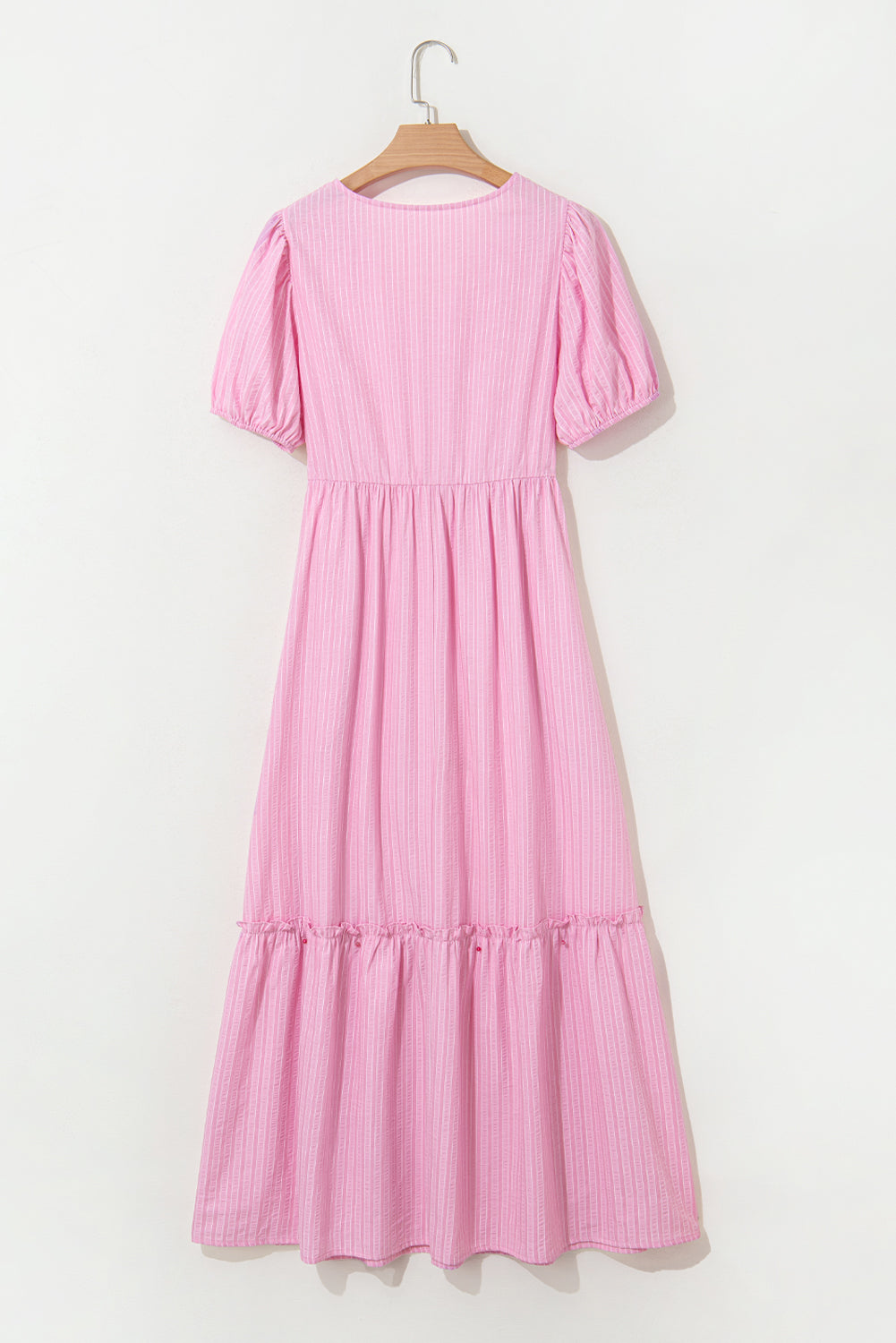 Pink Striped V Neck Puff Sleeve Frill Tiered Maxi Dress Maxi Dresses ea4f9c641cc80478