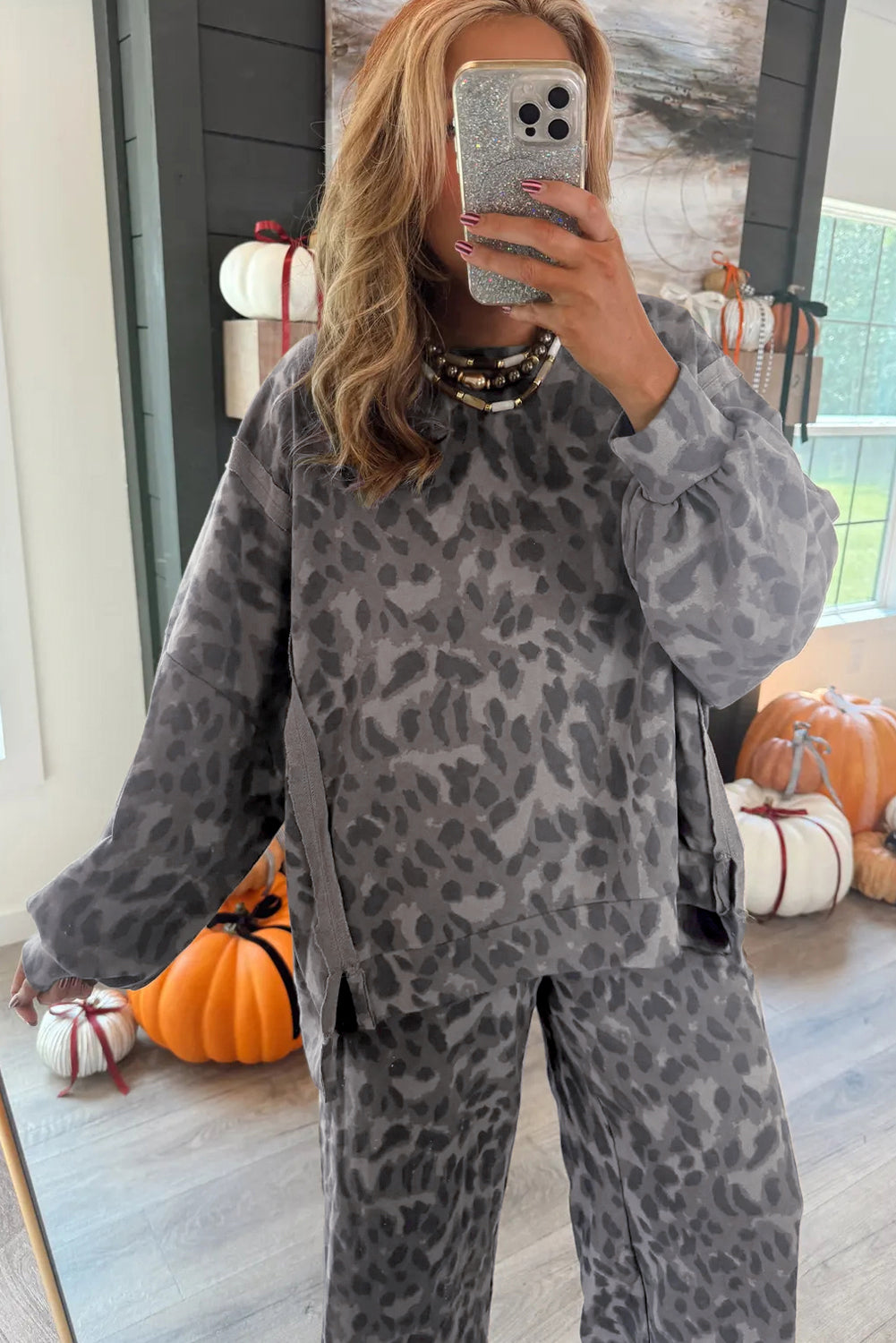 Brown Allover Leopard Print Pullover Drawstring Loose Pants Set Two Piece Pants Sets ea6b0fff05d15979