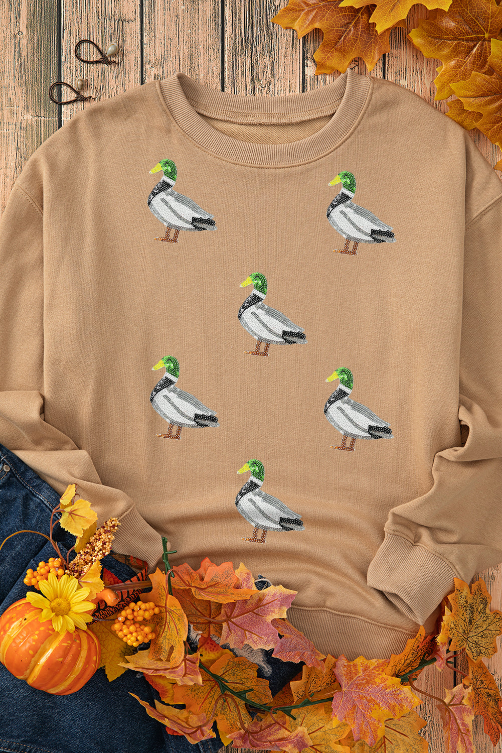 Khaki Sequin Mallard Duck Graphic Sequins Patch Baggy Sweatshirt Graphic Sweatshirts eac7b505aeb7e174