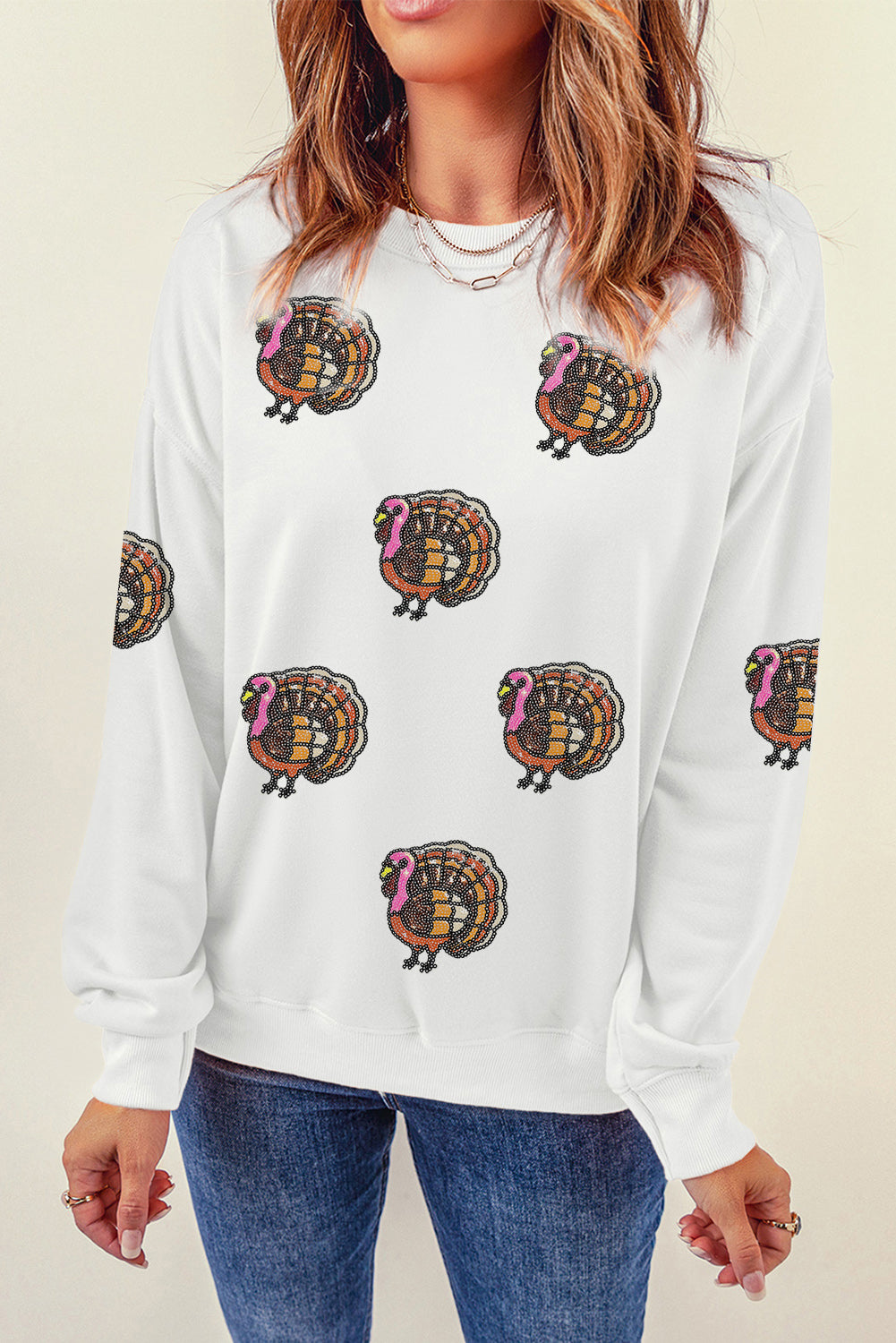 White Thanksgiving Turkey Sequins Patch Pullover Sweatshirt Graphic Sweatshirts eb4d1c743044c26c