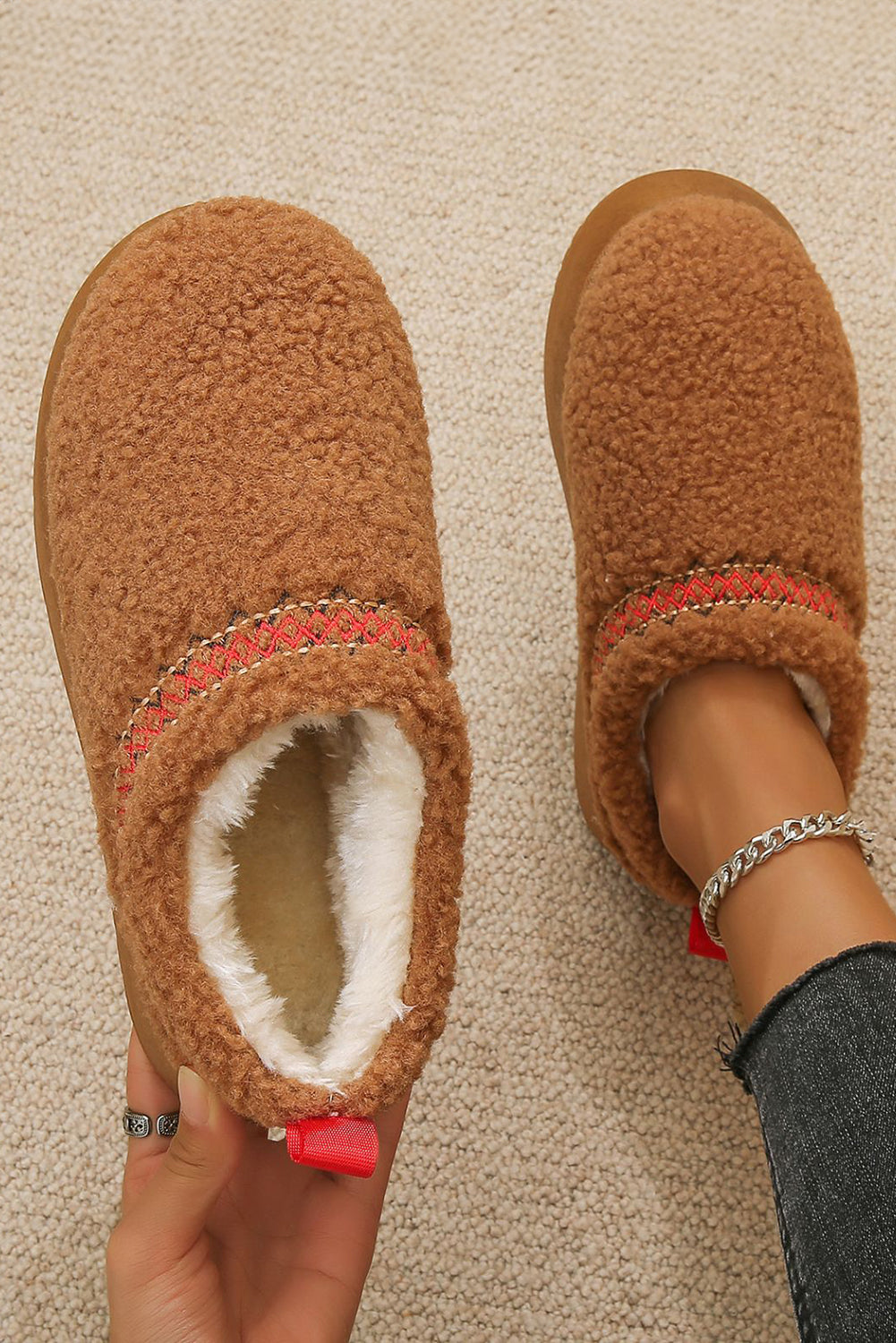 Chestnut Contrast Edge Plush Thick Sole Slippers Slides Shoes + Flip Flops eb8ce1b59c259a7a