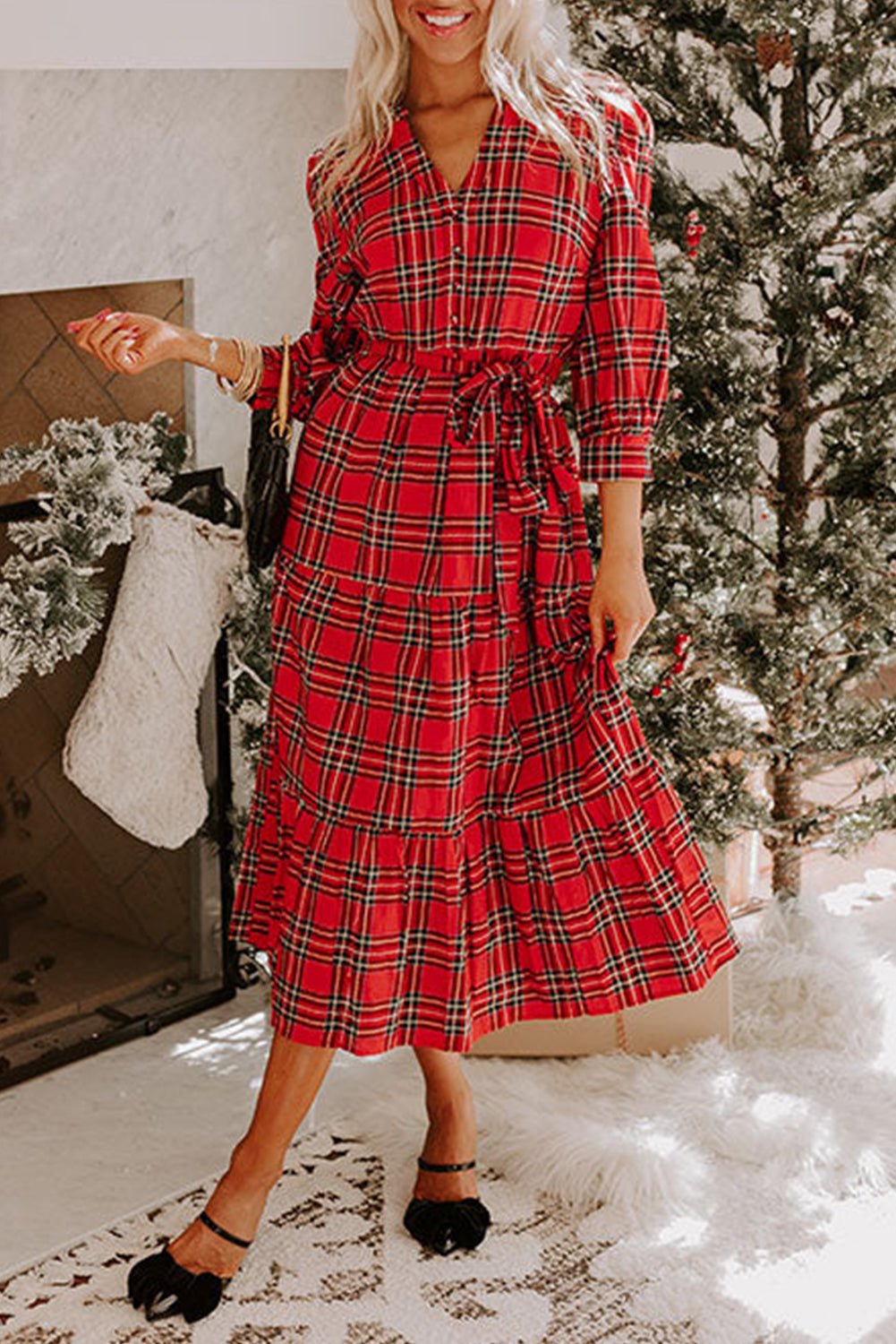 Red Christmas Plaid V Neck Tie Waist Ruffle Hem Long Dress Midi Dresses eba8c027d0efa52e