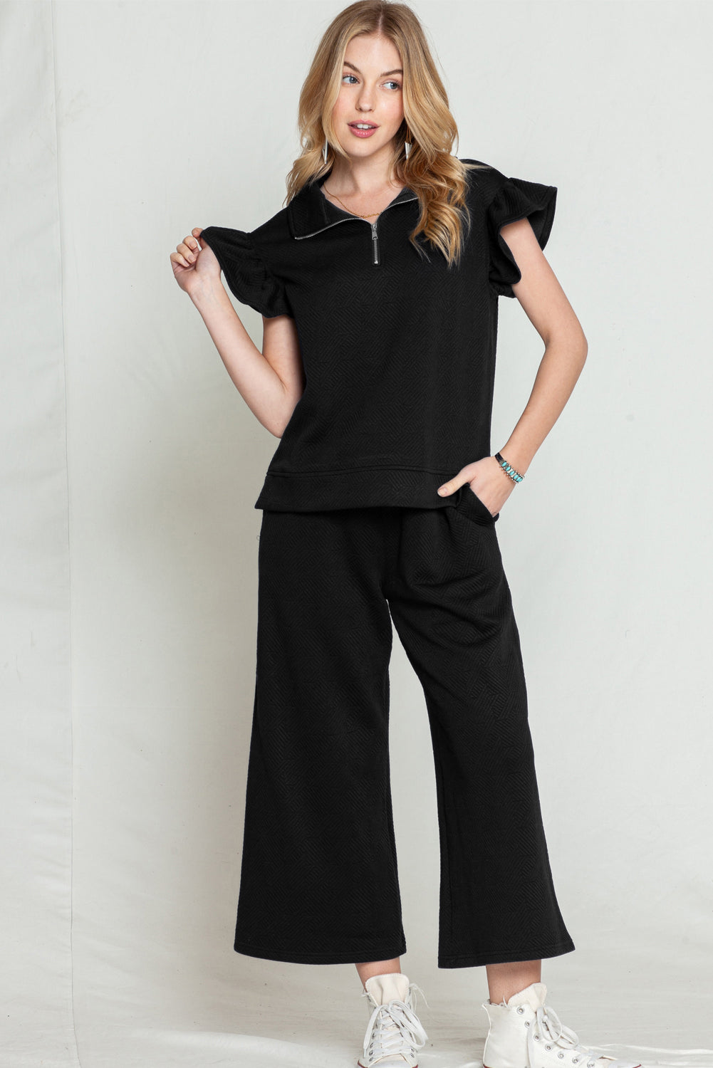 Black Textured Ruffle Cap Sleeve Top and Wide Leg Pants Set Two Piece Pants Sets ebd6431802e53f7e