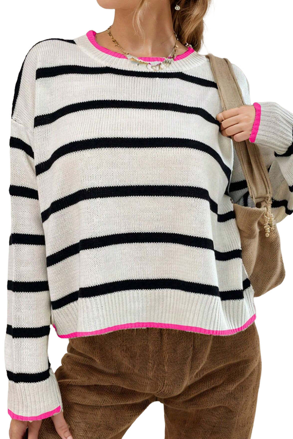 White Stripe Contrast Trim Drop Shoulder Sweater Sweaters ebf5e886cd128fde