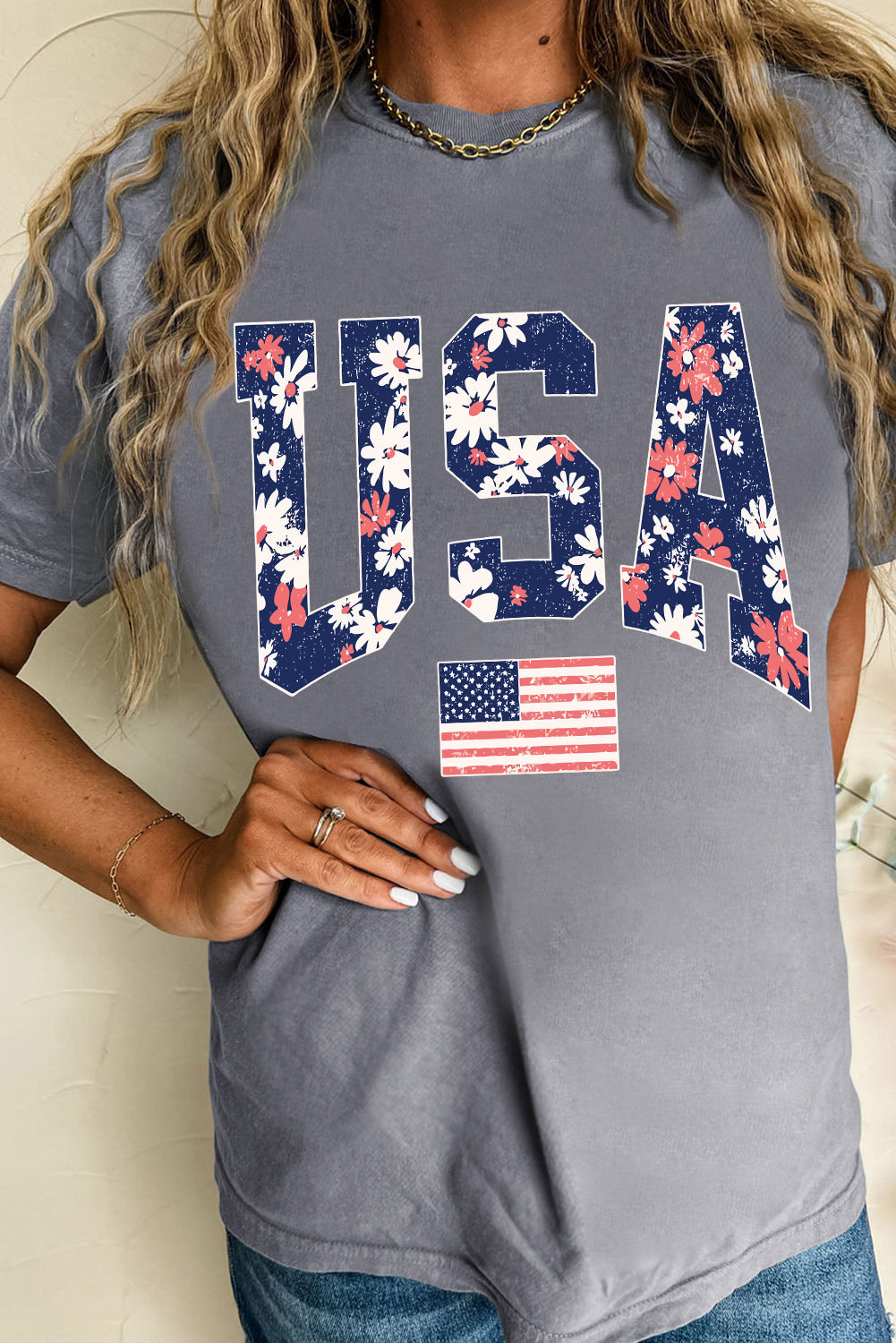 Gray Floral USA Flag Graphic Roll Up Sleeve Tee Graphic Tees ec0e5ccd698863bb