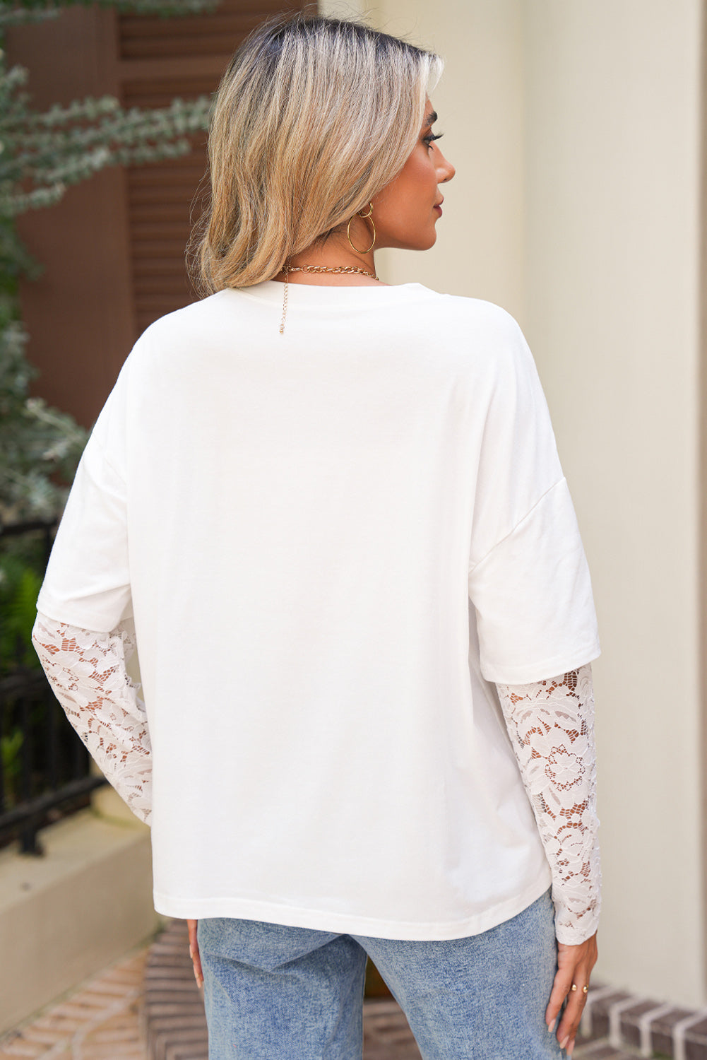 White Fake Two-Piece Lace Long Sleeve Drop Shoulder Tee T Shirts ec353deb6bca3265