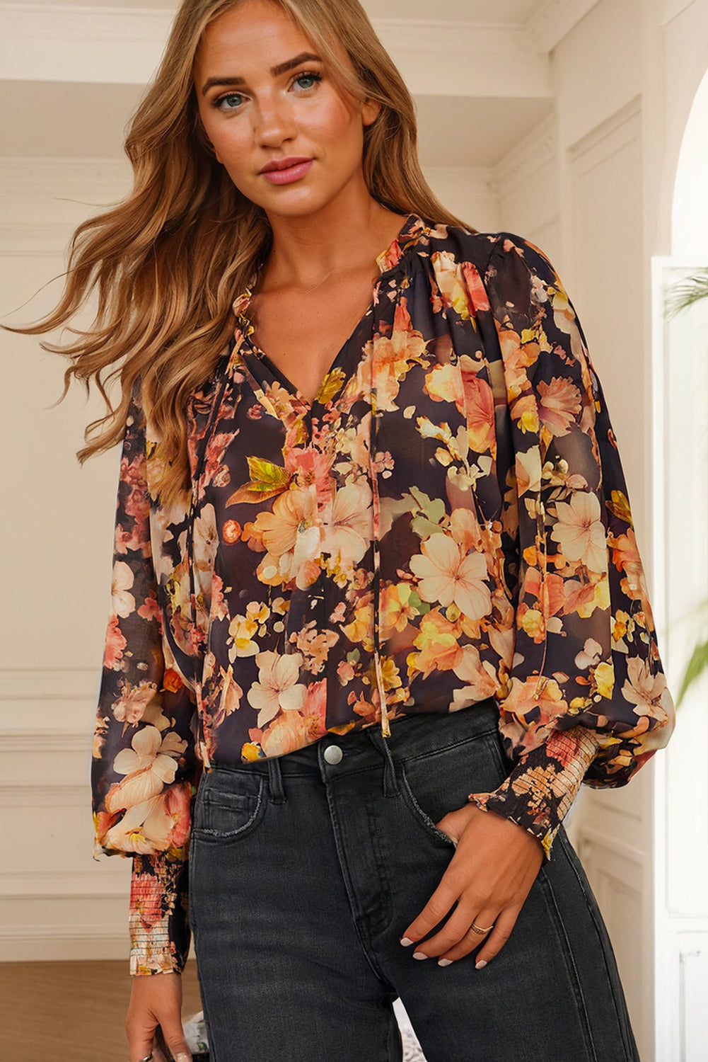 Black Floral V Neck Long Puff Sleeve Breezy Blouse Blouses ec978278107aafb1