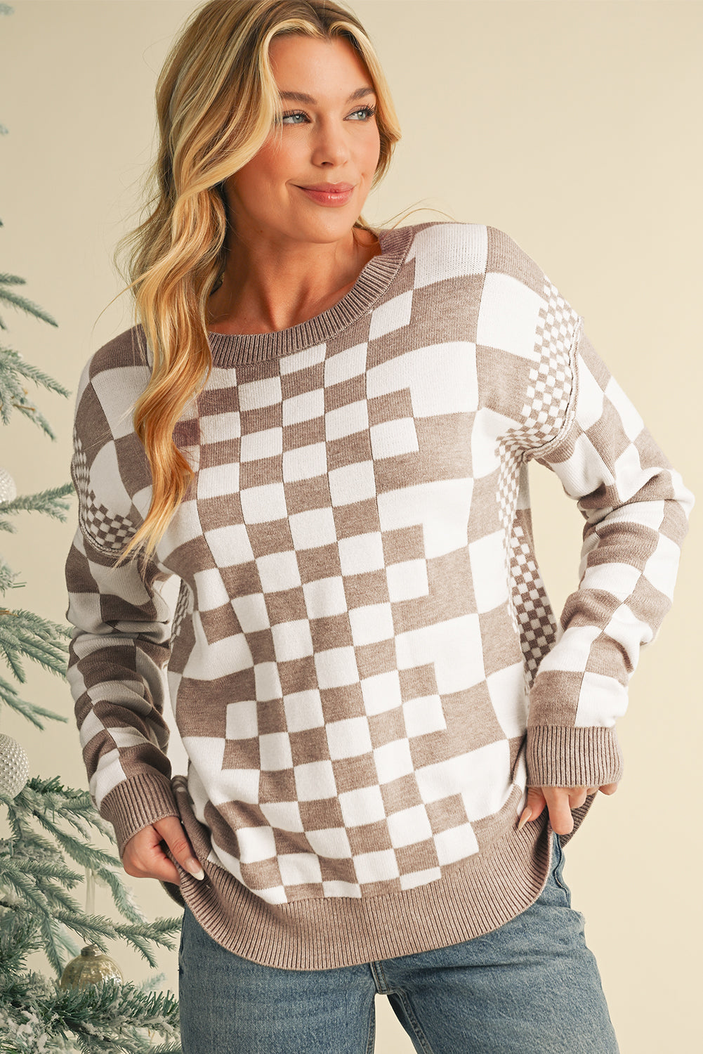 Gray Checkered Drop Shoulder Round Neck Sweater Sweaters ecf9f59f0945fbac