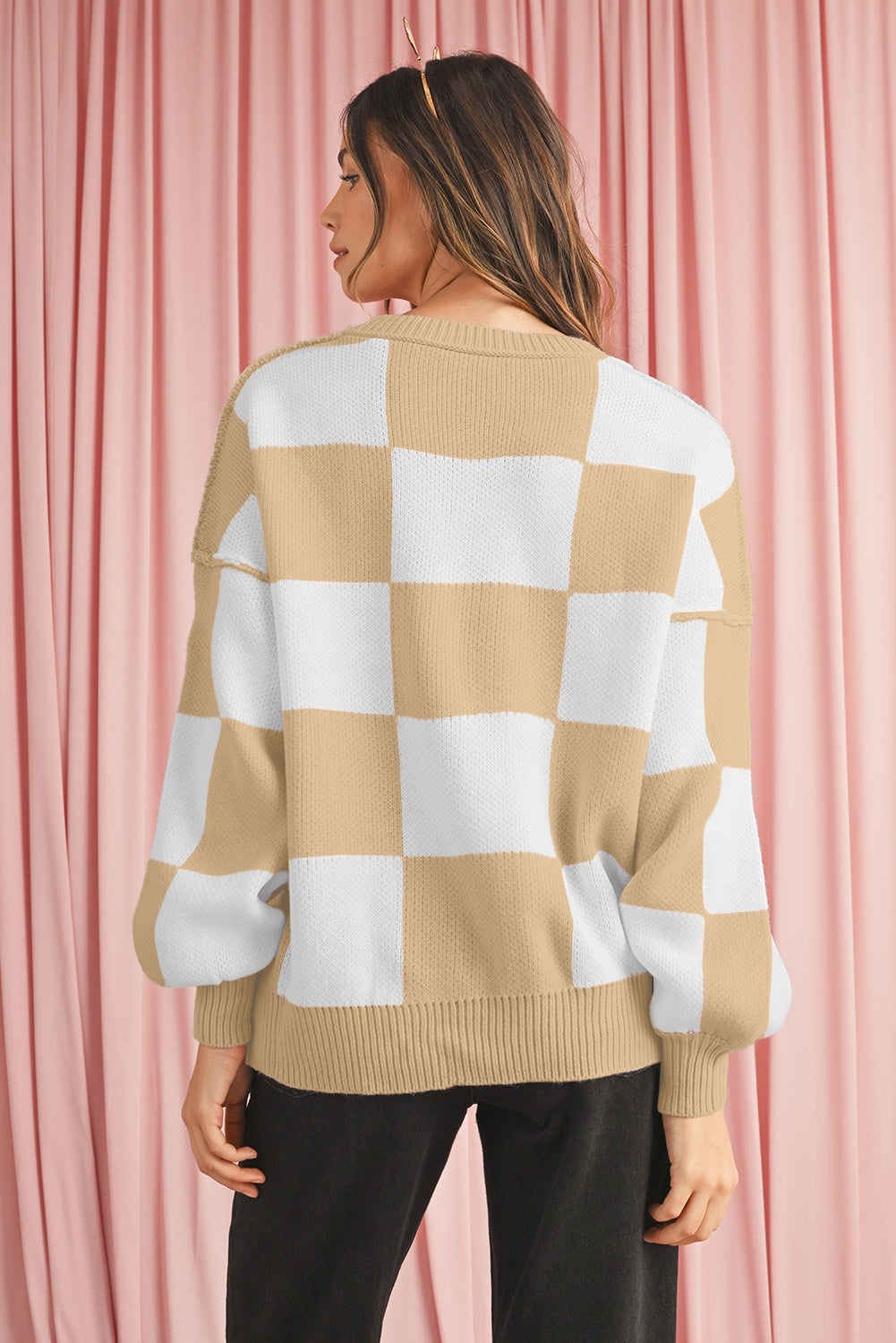 Green Checkered Bishop Sleeve Pullover Sweater Sweaters ed034bb53e2a8489