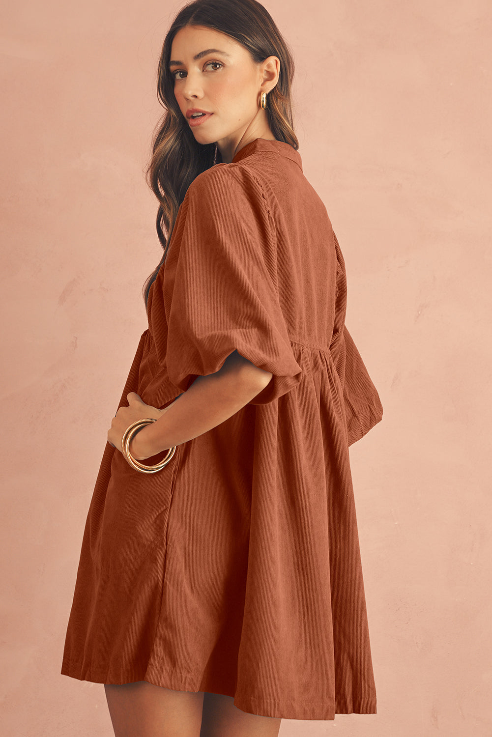 Gold Flame Light Snap Button Empire Waist Lantern Sleeve Corduroy Dress Short Dresses ed4d5cb6a61a47ed