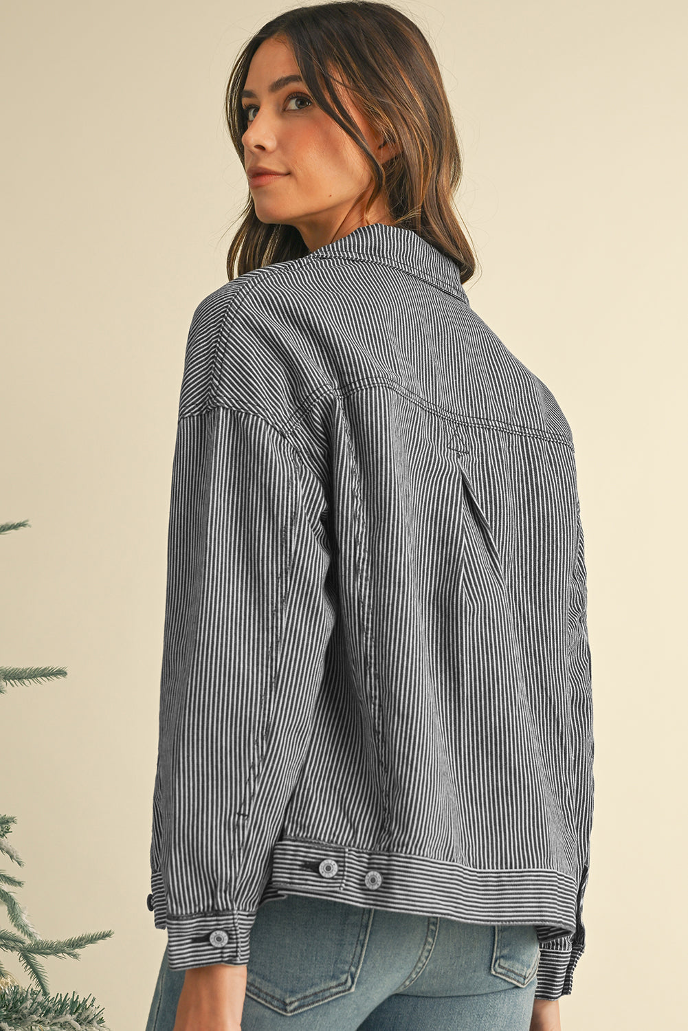 Blue Stripe Washed Oversized Pocketed Denim Jacket Jackets ed719bb28ee701d6