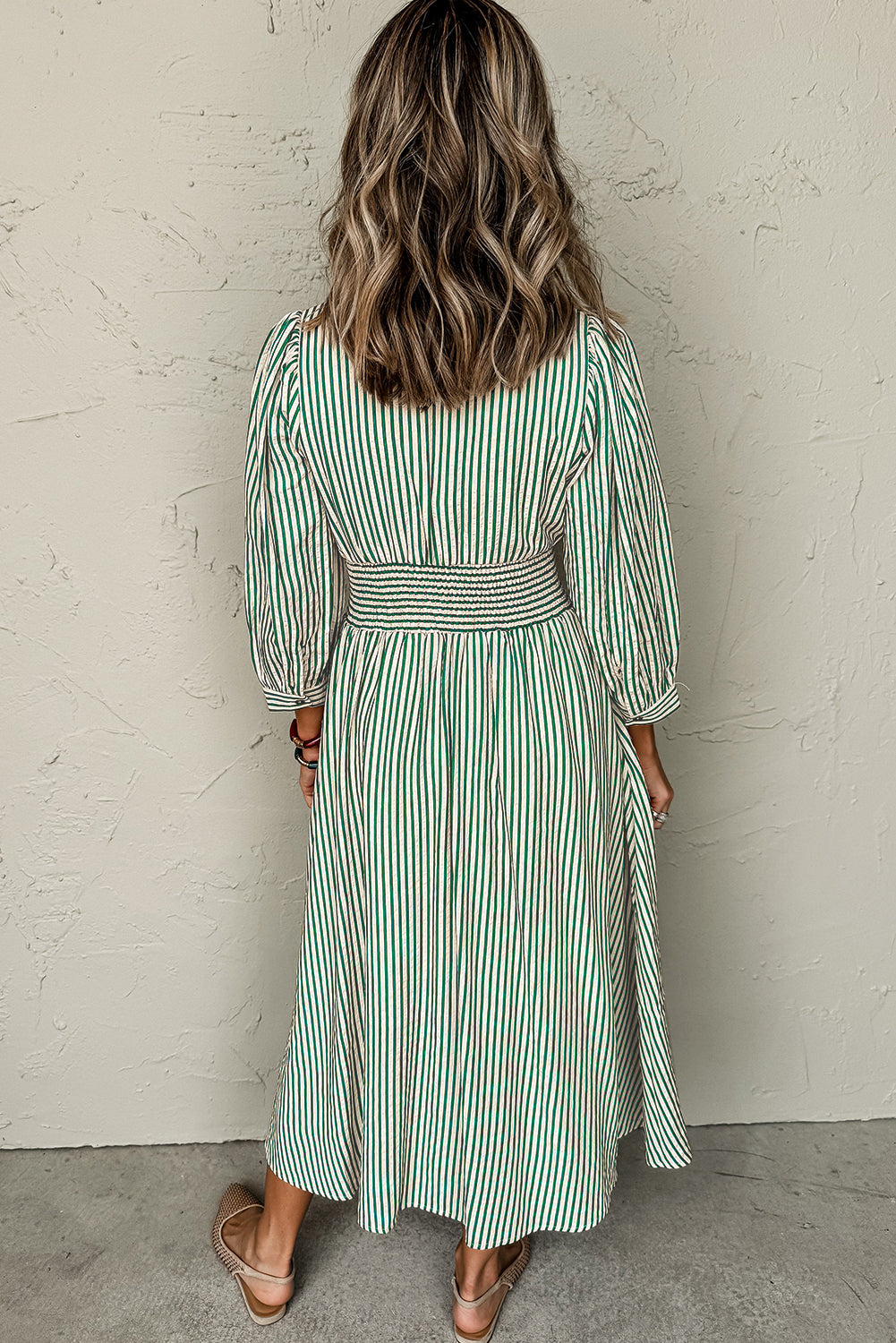 Green Striped V Neck Zip Front Cinched High Waist Midi Dress Midi Dresses ed79383b41a3bc8d