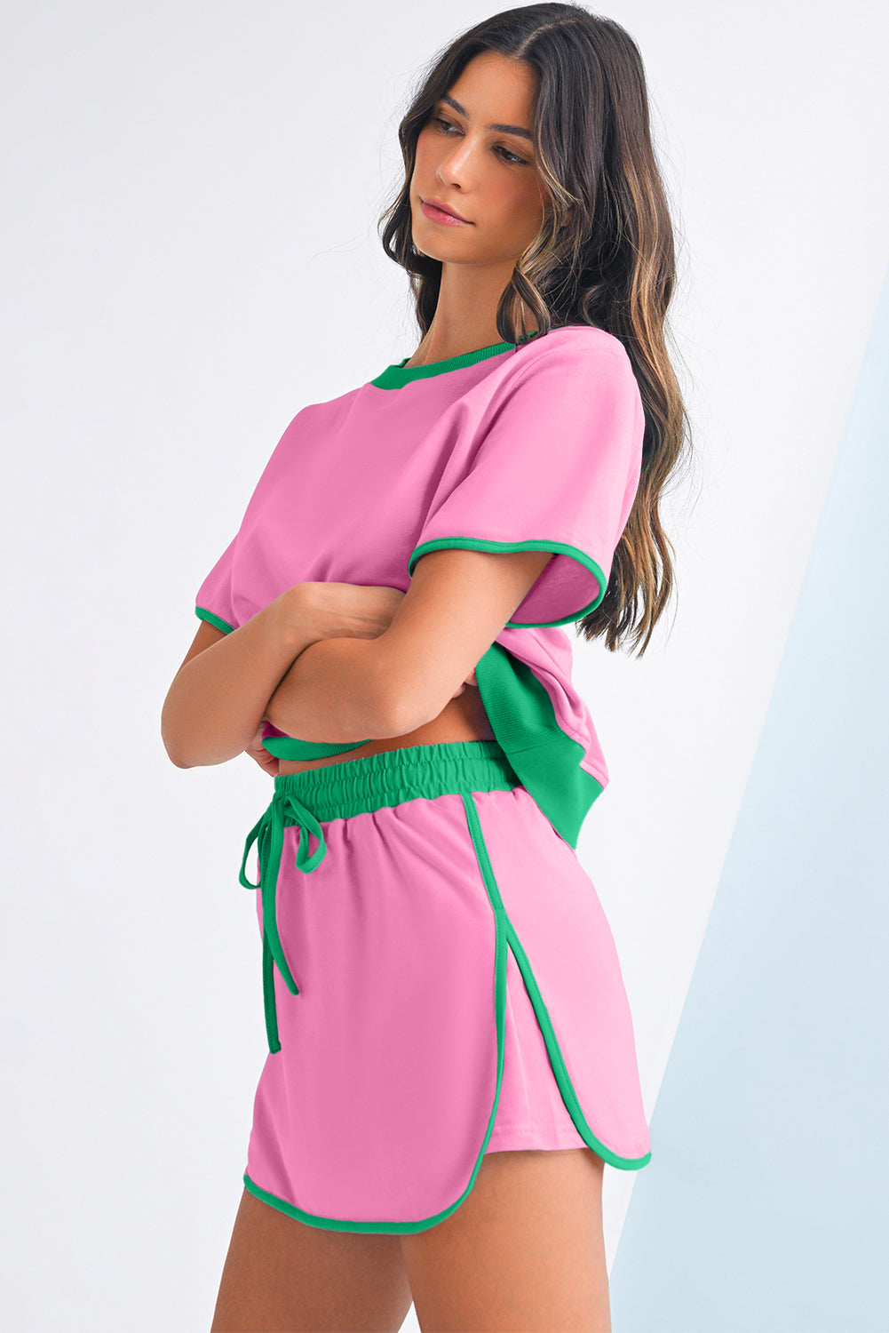 Evergreen Colorblock Edge Drop Shoulder T Shirt and Skort Set Two Piece Shorts Sets eddf2618031c20c9