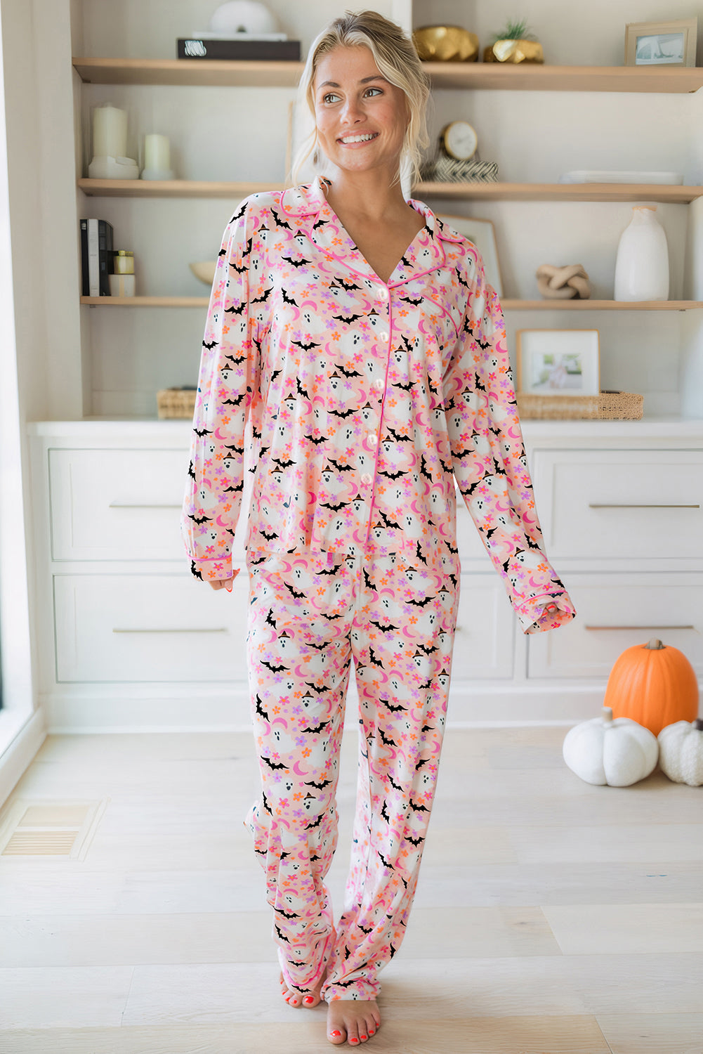 Pink Cute Floral Halloween Ghost Print Long Pajama Set Loungewear Set eddfb2d12bbb1830