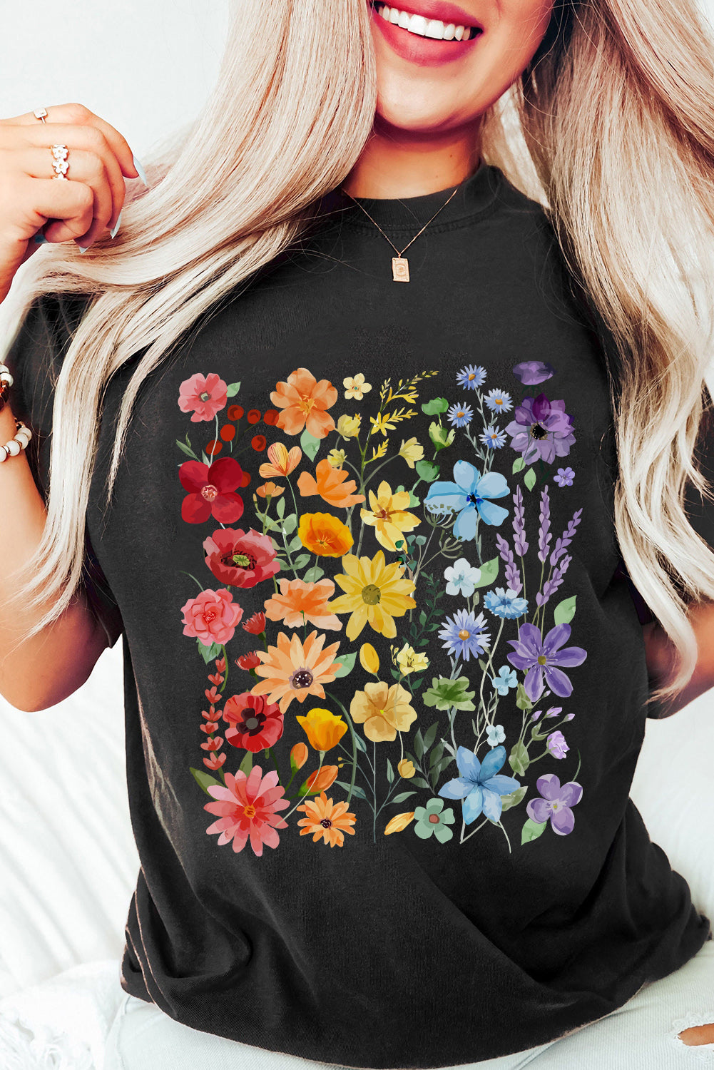 Black Flower Heat Transfer Printing Cotton Blend Casual Tee Graphic Tees ee09fb6dc881a505