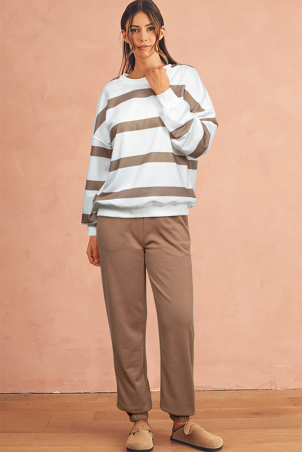 Light French Beige Striped Drop Shoulder Pullover and Joggers Set Two Piece Pants Sets ee6763a51e0c997e