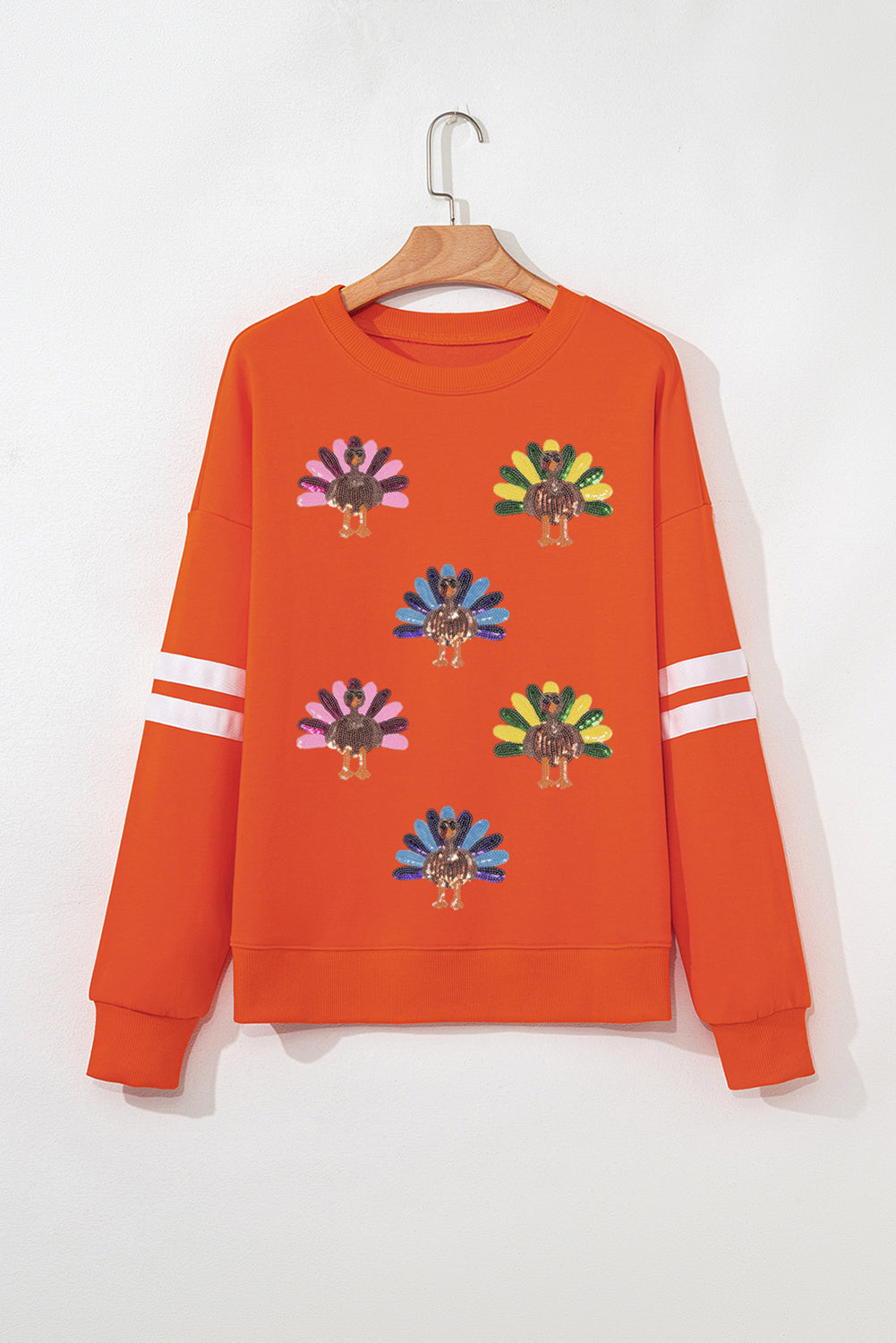 Orange Varsity Striped Sleeve Turkey Graphic Sequins Patch Thanksgiving Sweatshirt Graphic Sweatshirts ee7219e82676f30d