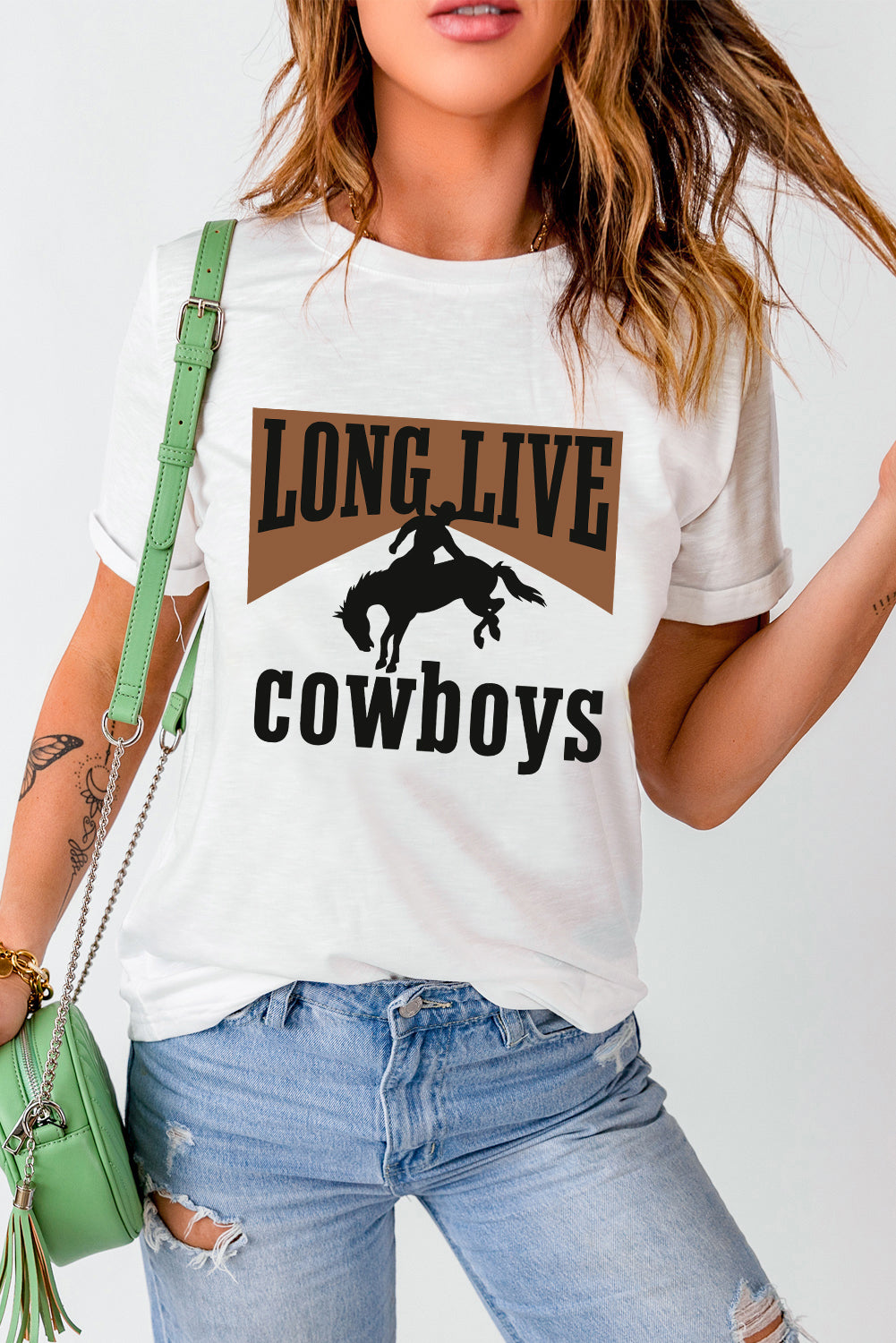 White LONG LIVE Cowboys Western Heat Transfer Printing Graphic Loose Tee Graphic Tees ee761f731c029c97