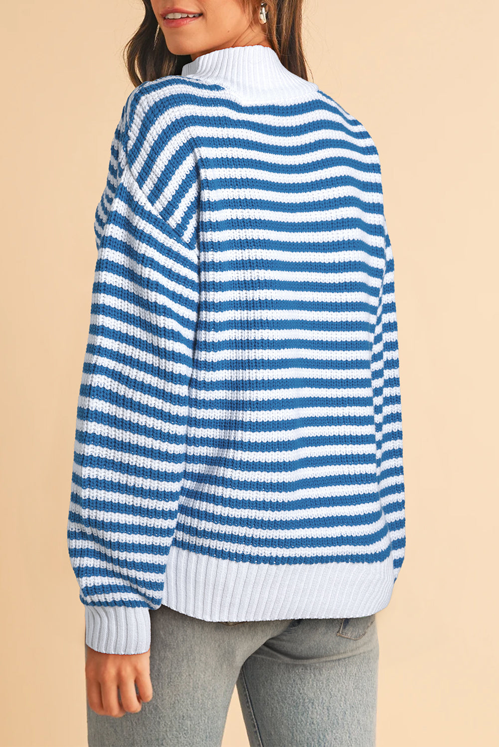 Sky Blue Stripe Zip up Collar Drop Sleeve Sweater Sweaters ee7dcd02d454edce