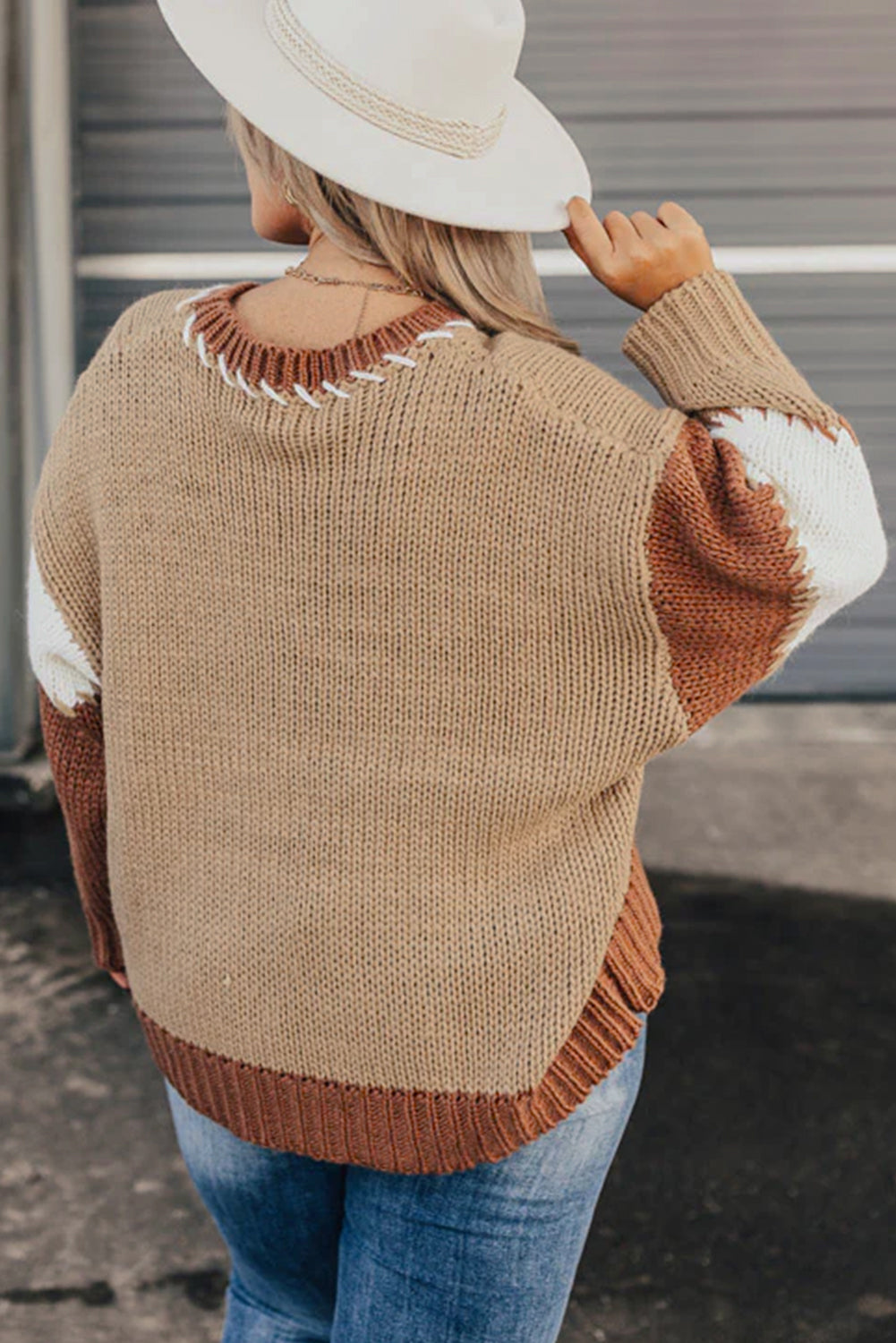 Light French Beige Contrast Stitch Detail Colorblock Knitted Plus Size Sweater Plus Size Sweaters&Cardigans eeb44c5d1f8f20f3