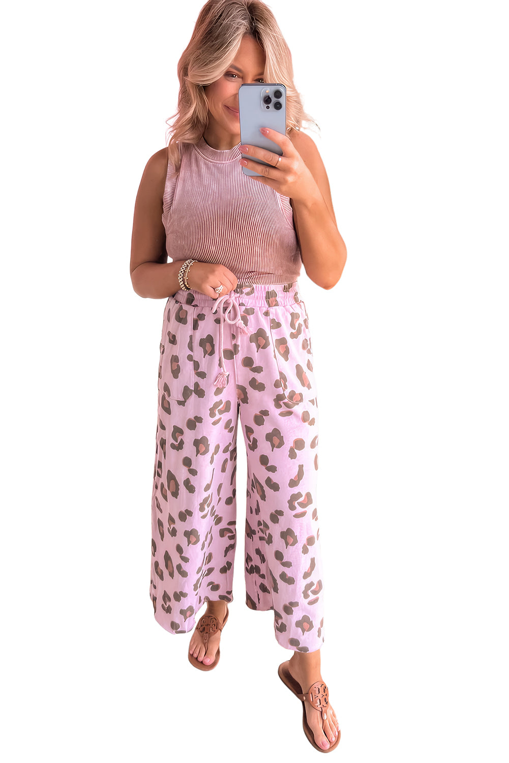 Pink Drawstring Leopard Print Patch Pocket Loose Pants Pants eef3abfe585d3410