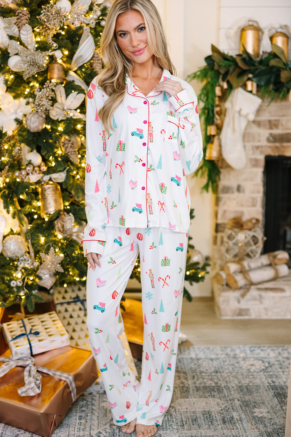 White Christmas Print Lapel Shirt and Pants Pajama Set Loungewear Set ef5a6cf672598c7a