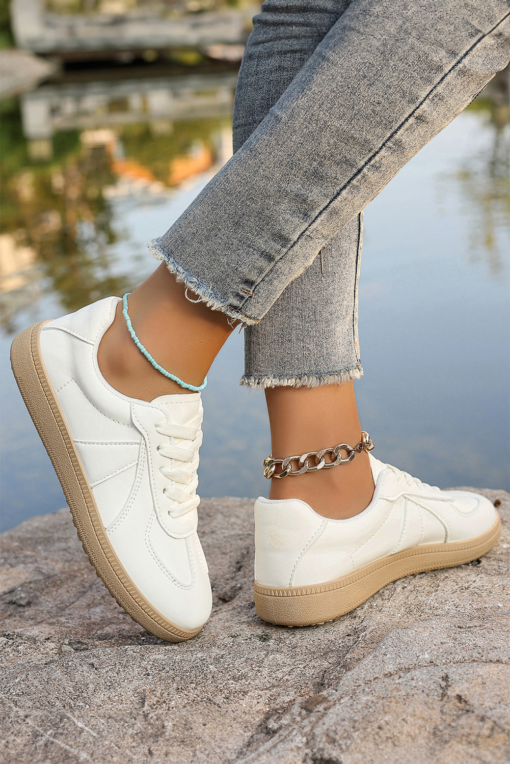White Faux Leather Lace Up Flat Sneakers Sneakers ef9d0132b1419e27
