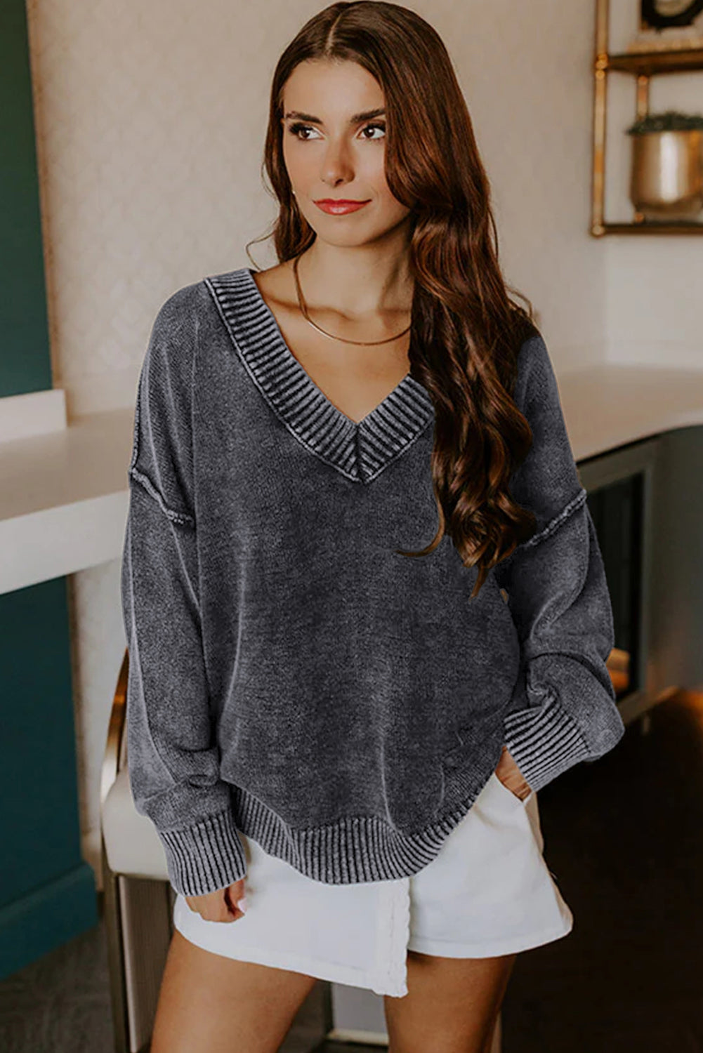 Black Mineral Wash V Neck Knit Exposed Seam Drop Shoulder Loose Sweater Sweaters efddbc9552b5b85e